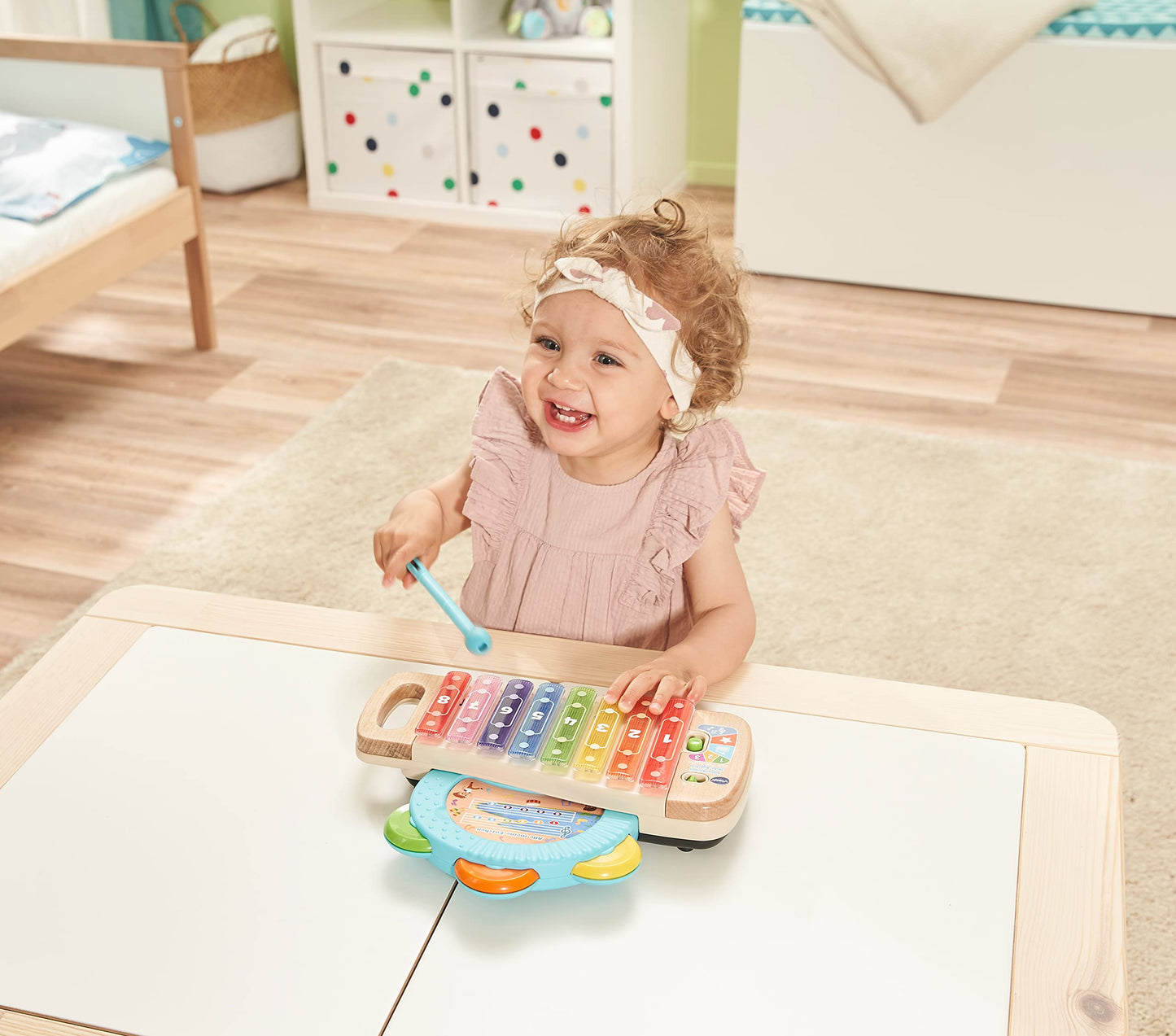 VTech Baby xilofon interactiv din lemn cu tamburin – jucărie muzicală strălucitoare din 100% lemn FSC® – pentru copii de 1,5–4 ani