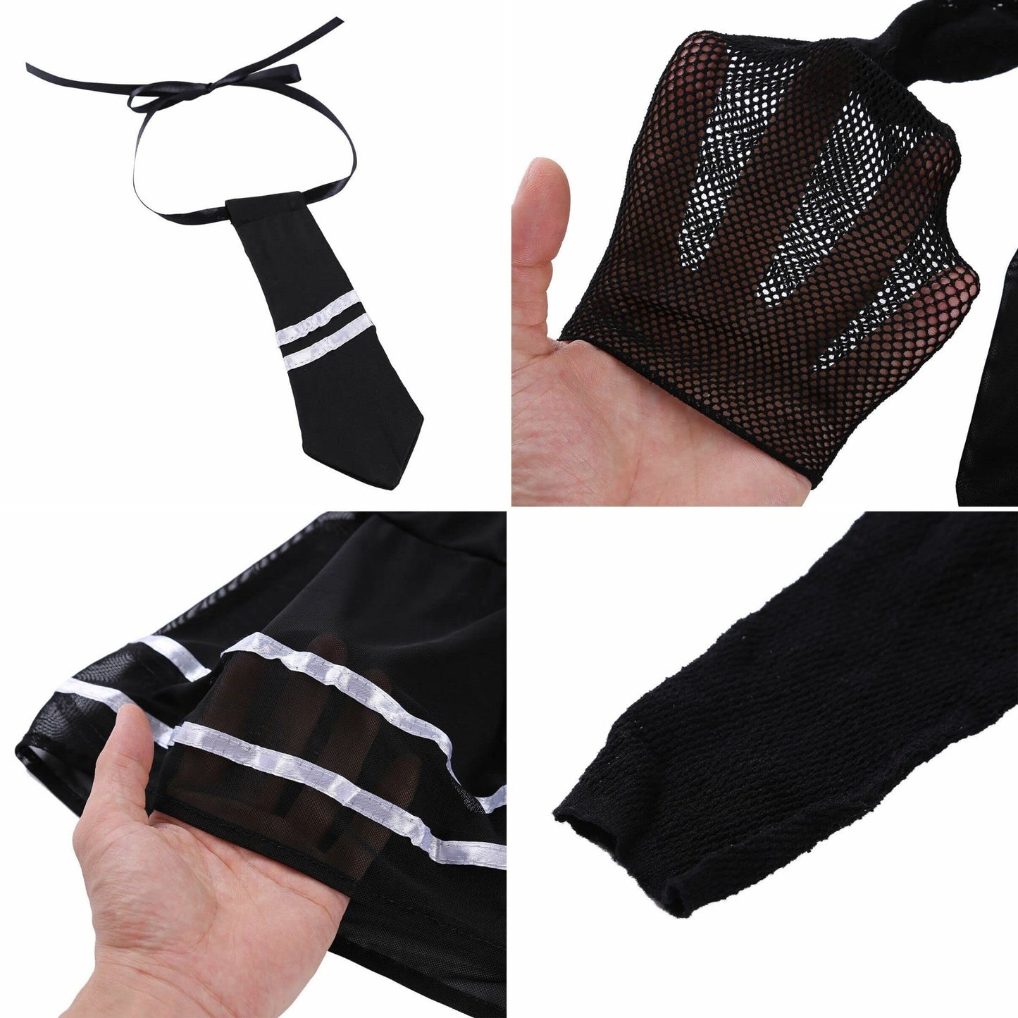 ROSVAY Rochie Lenjerie Cosplay Uniformă Școlăriță Sexy din Dantelă Transparentă, Costum Studentă, Rochie Mini Babydoll Elastică Neagră