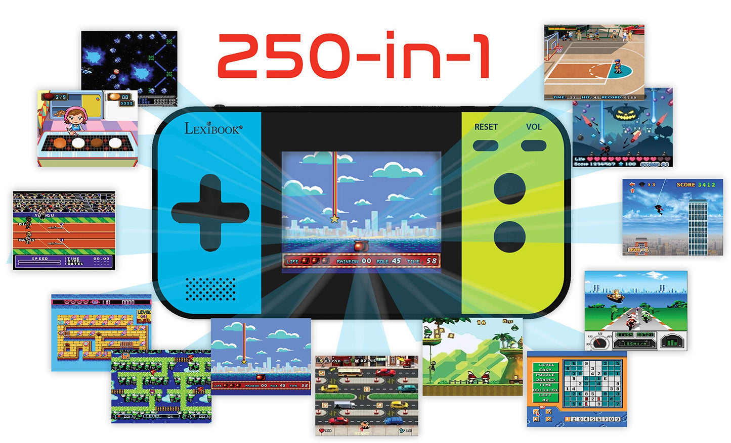 Lexibook Compact Cyber Arcade - Consolă de jocuri portabilă cu 250 jocuri, LCD, alimentată cu baterii, pentru copii, negru/albastru/verde, JL2377