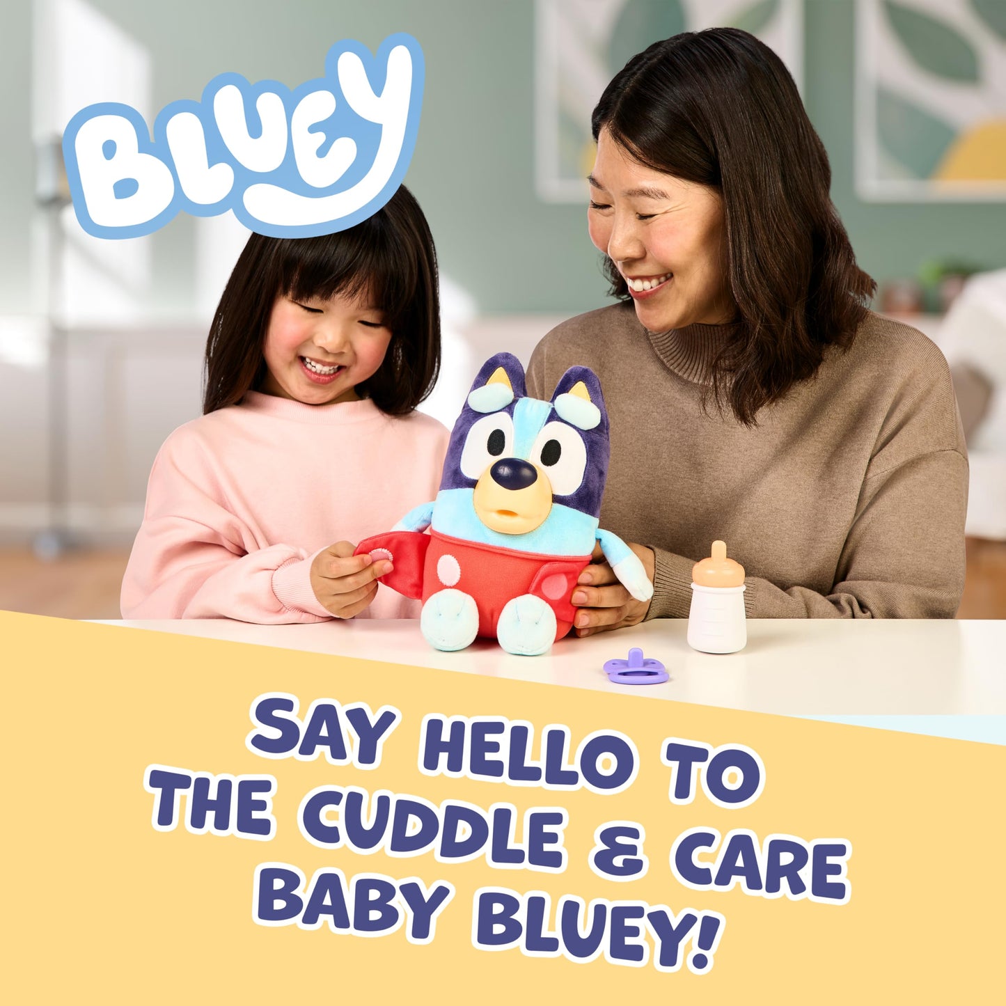 Bluey Baby răsfață și îngrijește, hrănește și liniștește bebelușul, jucărie electronică din pluș de 28 cm cu 10 sunete diferite de bebeluș, 2 accesorii și scutec detașabil