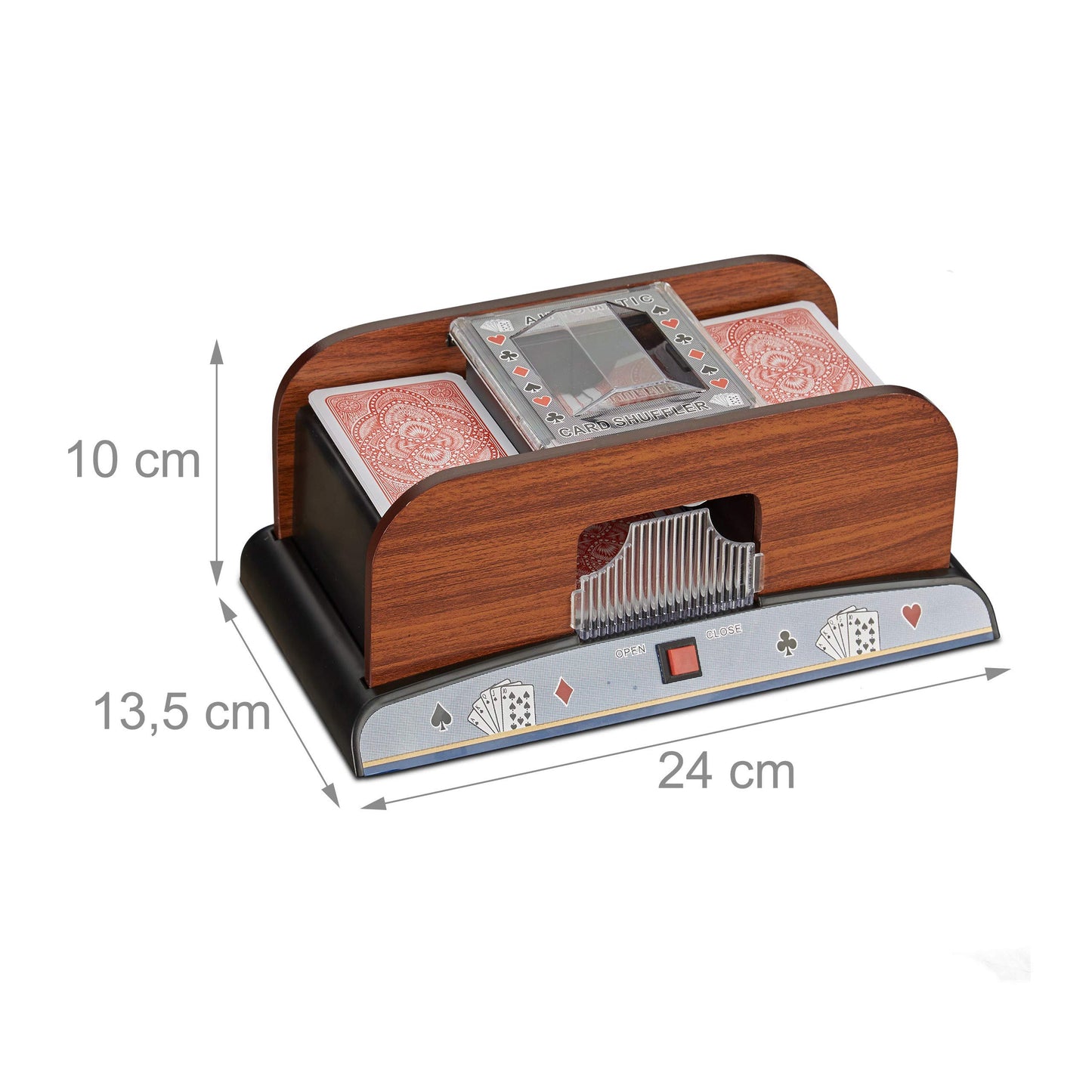 Mixer automat de cărți Relaxdays, 2 seturi de cărți de poker Rommy cu baterii, aspect din lemn, natural, pentru cărți de 8,8 x 6,3 cm.