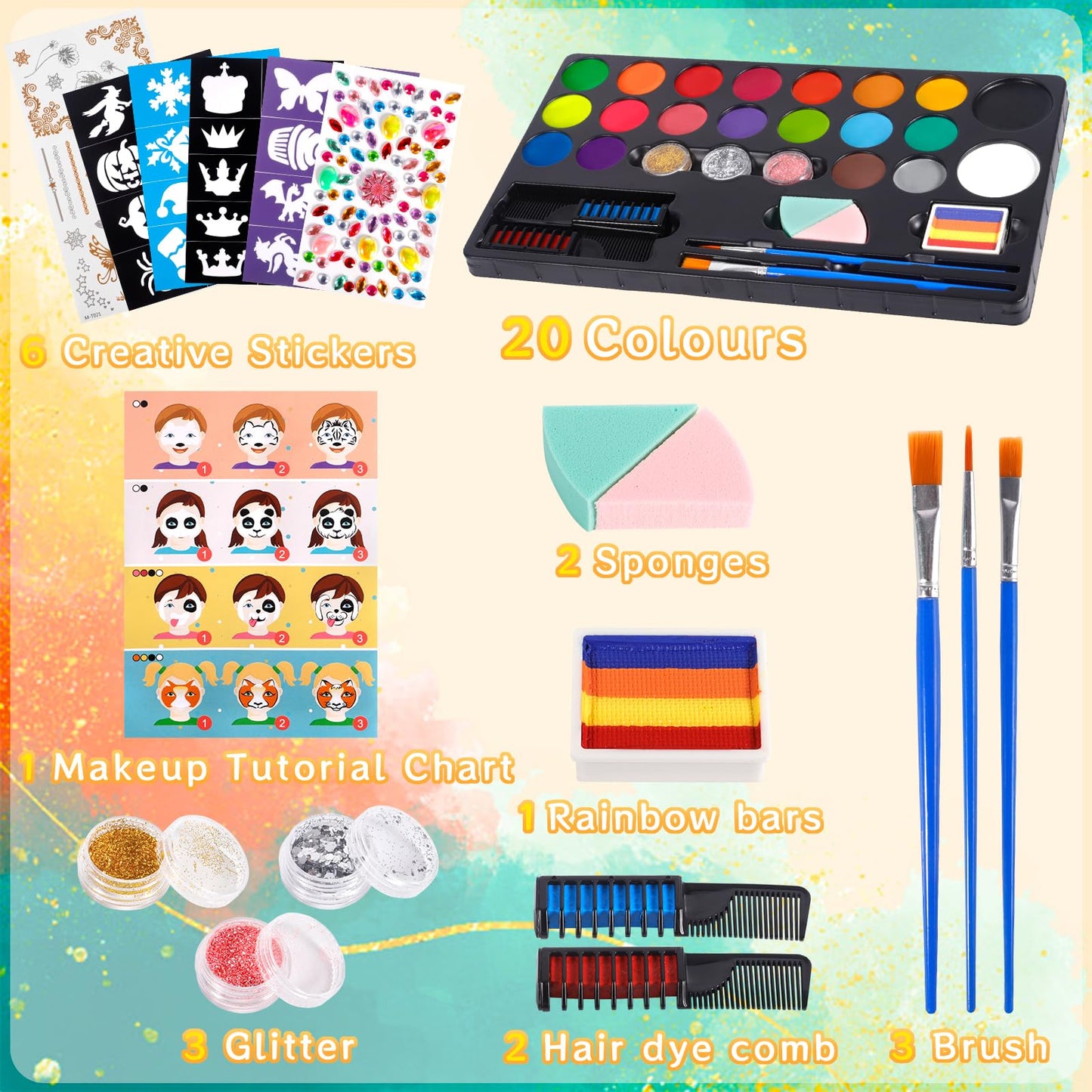 DONGQI Set machiaj față copii, 20 culori