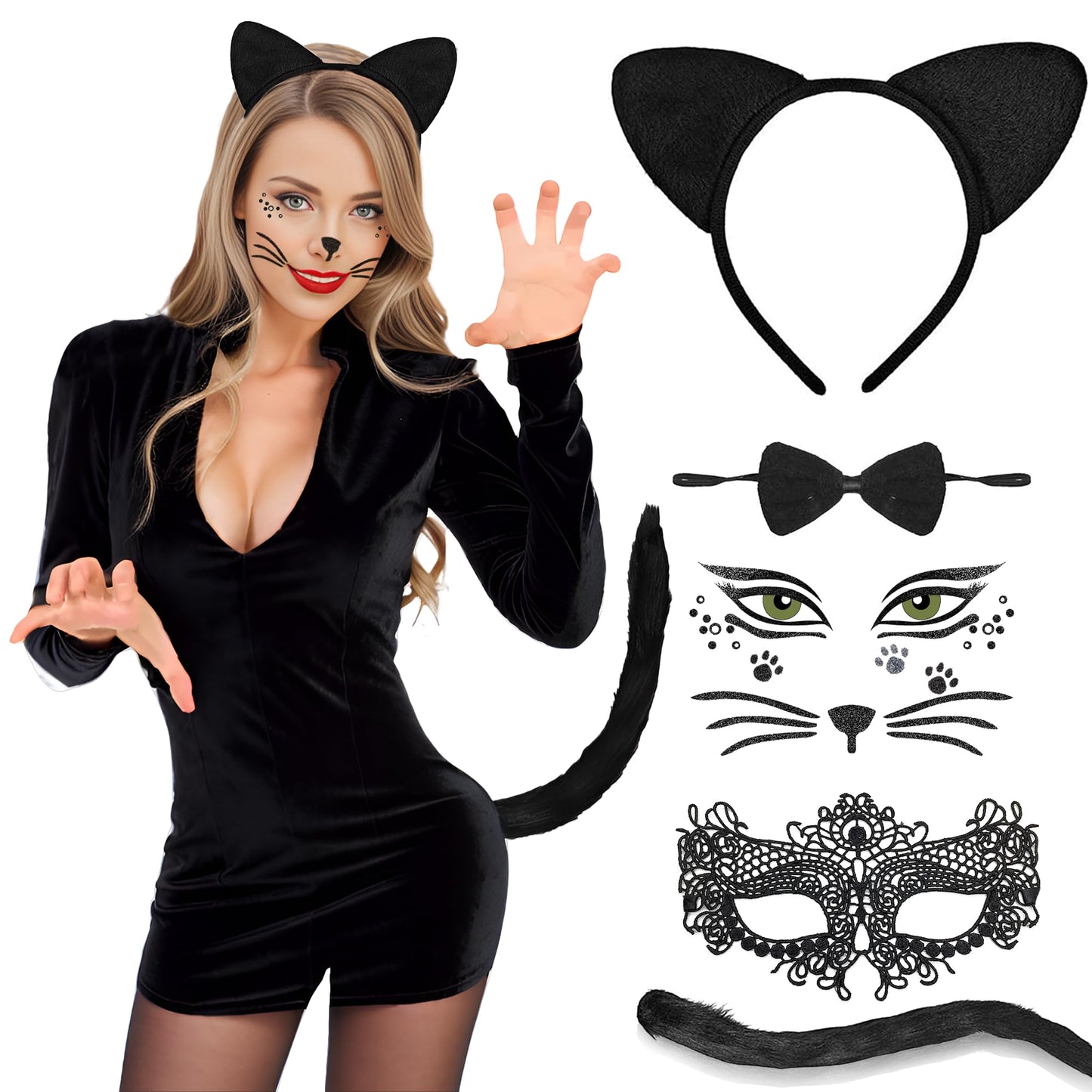 Accesorii set pisica pentru femei.Pregătită pentru carnaval. Set de costum de pisică încântător: arată-ți atracția strălucitoare de pisică.