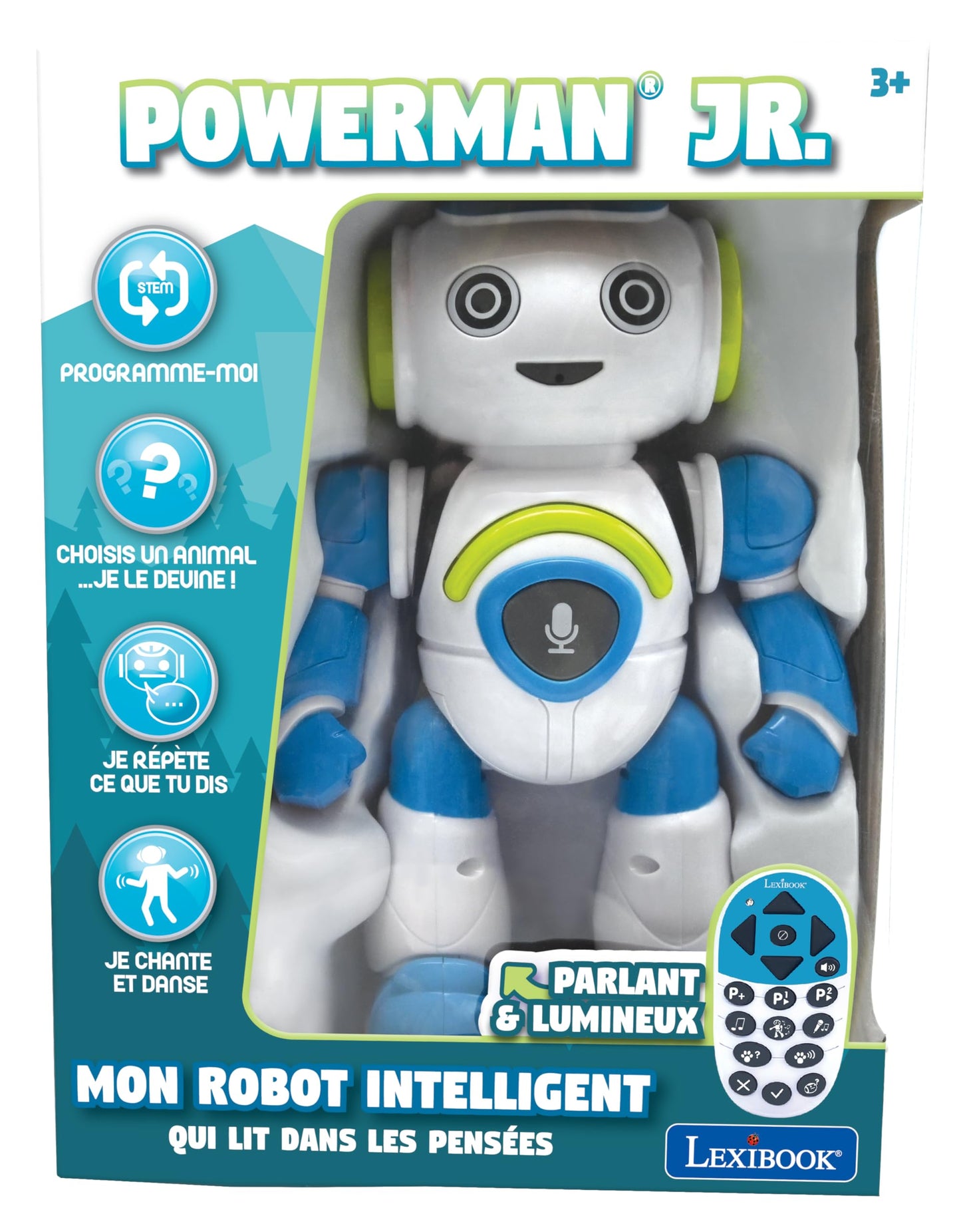Robot inteligent Lexibook ROB20FR Jr. - citește gânduri, dansează, cântă, quizuri cu animale, karaoke programabil, STEM, albastru/verde (versiune franceză)