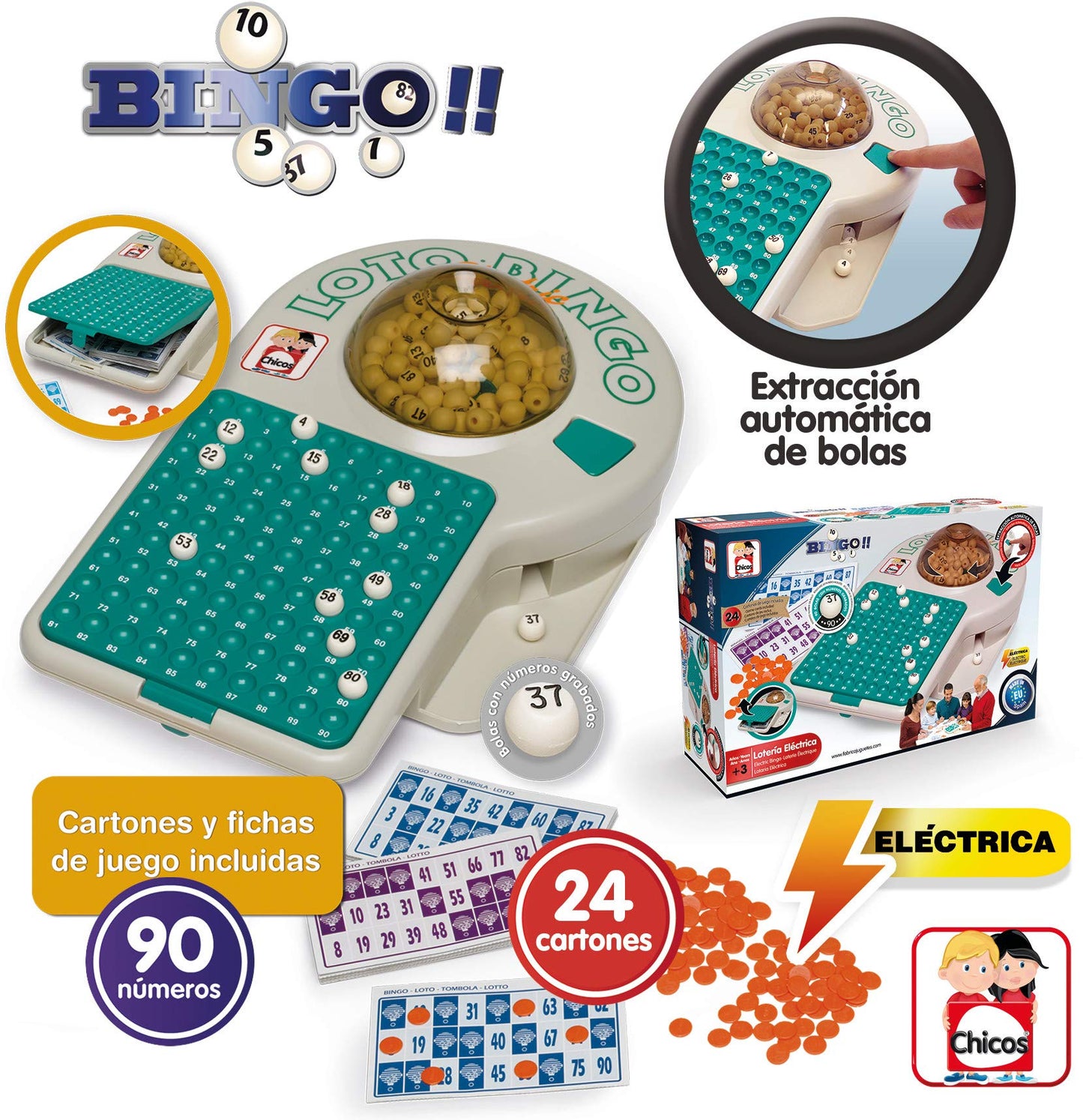 Chicos - Bingo Loterie Electronică 24 Cartoane și 90 Bile | Joc de Masă pentru Familie | Include Fise și Cartoane de Joc, Alb și Verde (22302)