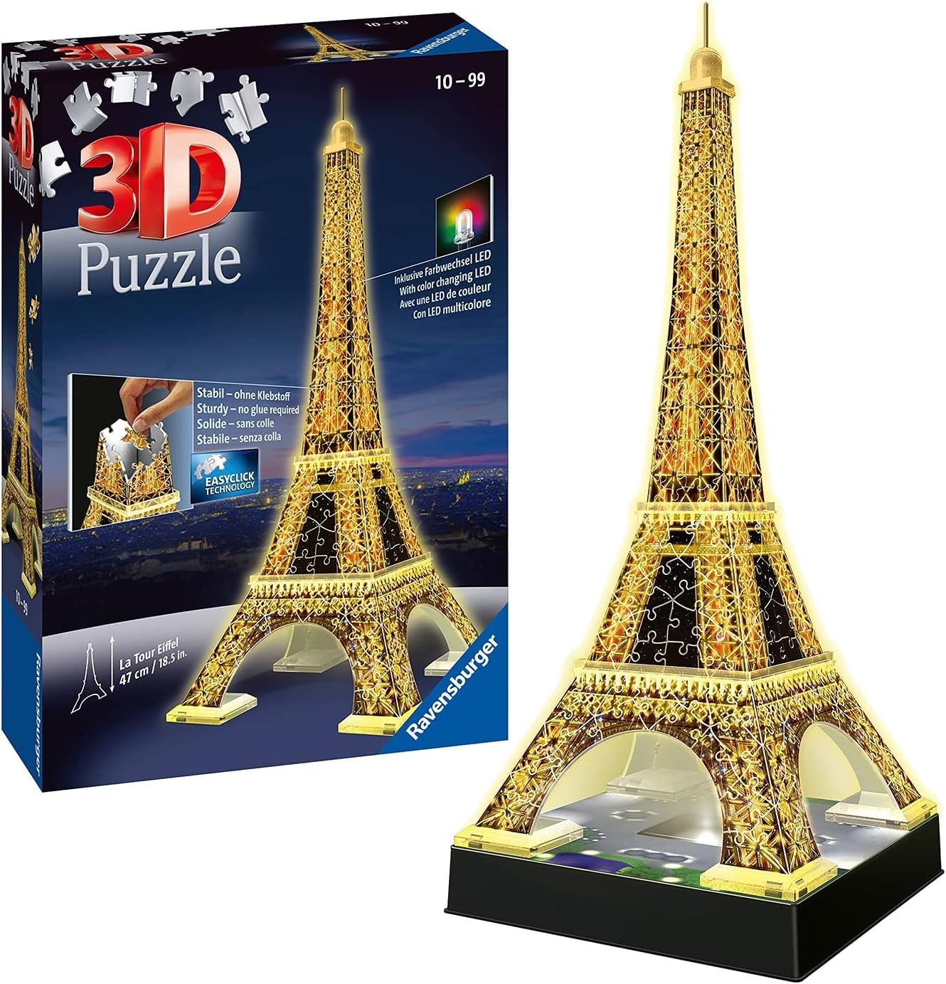 Puzzle 3D Ravensburger 12579 - Turnul Eiffel Night Edition - Model 3D iluminat cu LED, de construit - Recomandat de la 10 ani