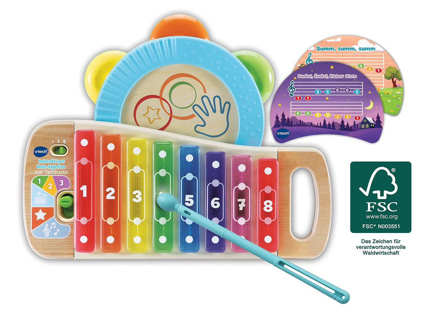 VTech Baby xilofon interactiv din lemn cu tamburin – jucărie muzicală strălucitoare din 100% lemn FSC® – pentru copii de 1,5–4 ani