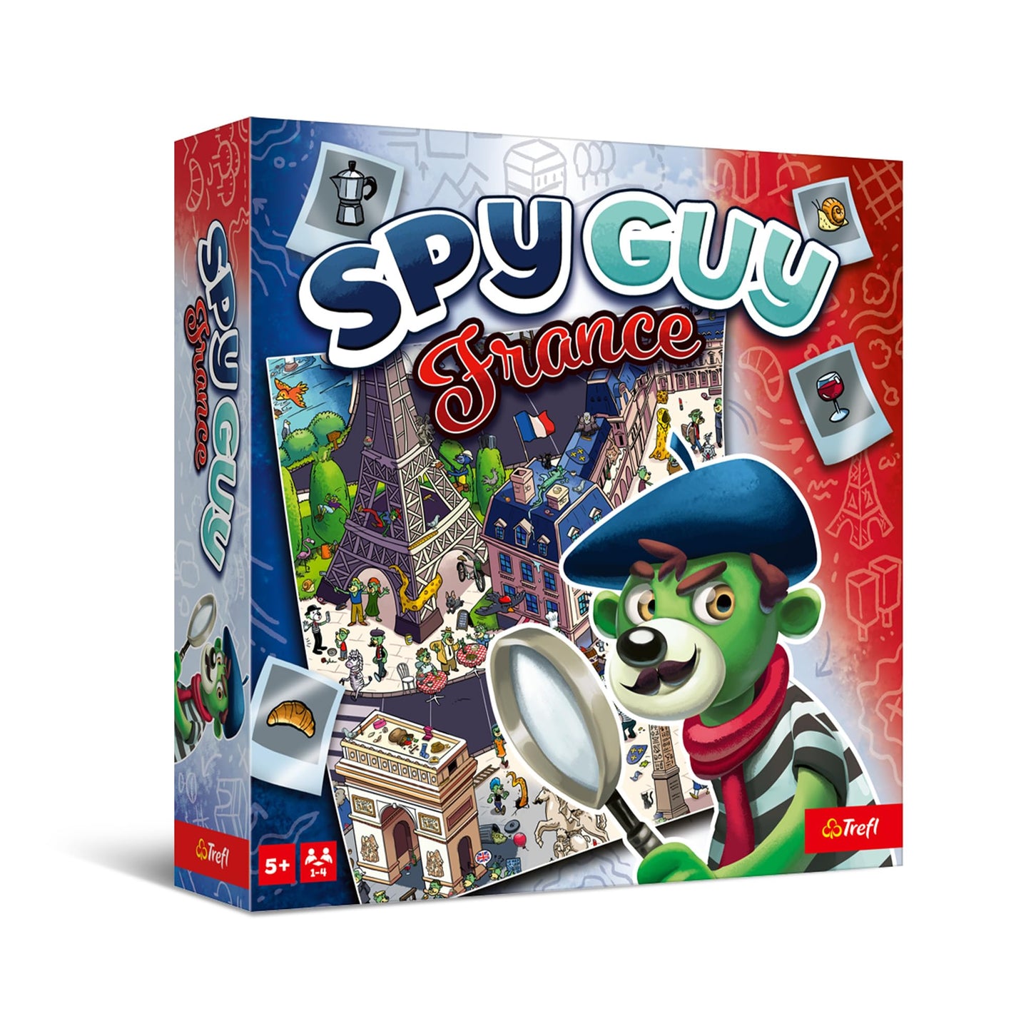 Trefl – Spy Guy France – Joc cooperativ de detectivi, joc de familie, tablă mare cu orașe și simboluri franceze, pentru adulți și copii de la 5 ani.