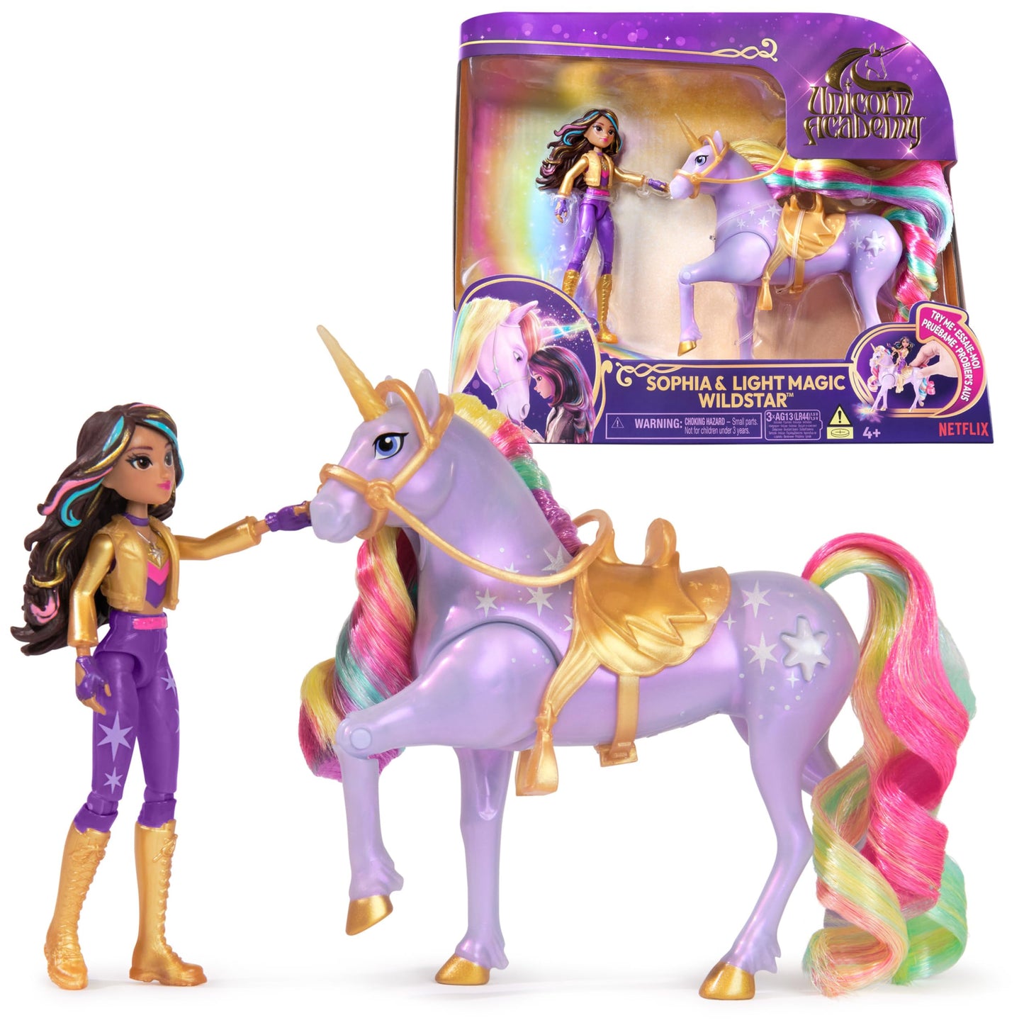 Academia Unicornilor - Figurine originale Wildstar și Sophia de 12 cm din seria Netflix, cu unicorn Wildstar și lumină magică în culori de curcubeu, pentru copii de la 4 ani.