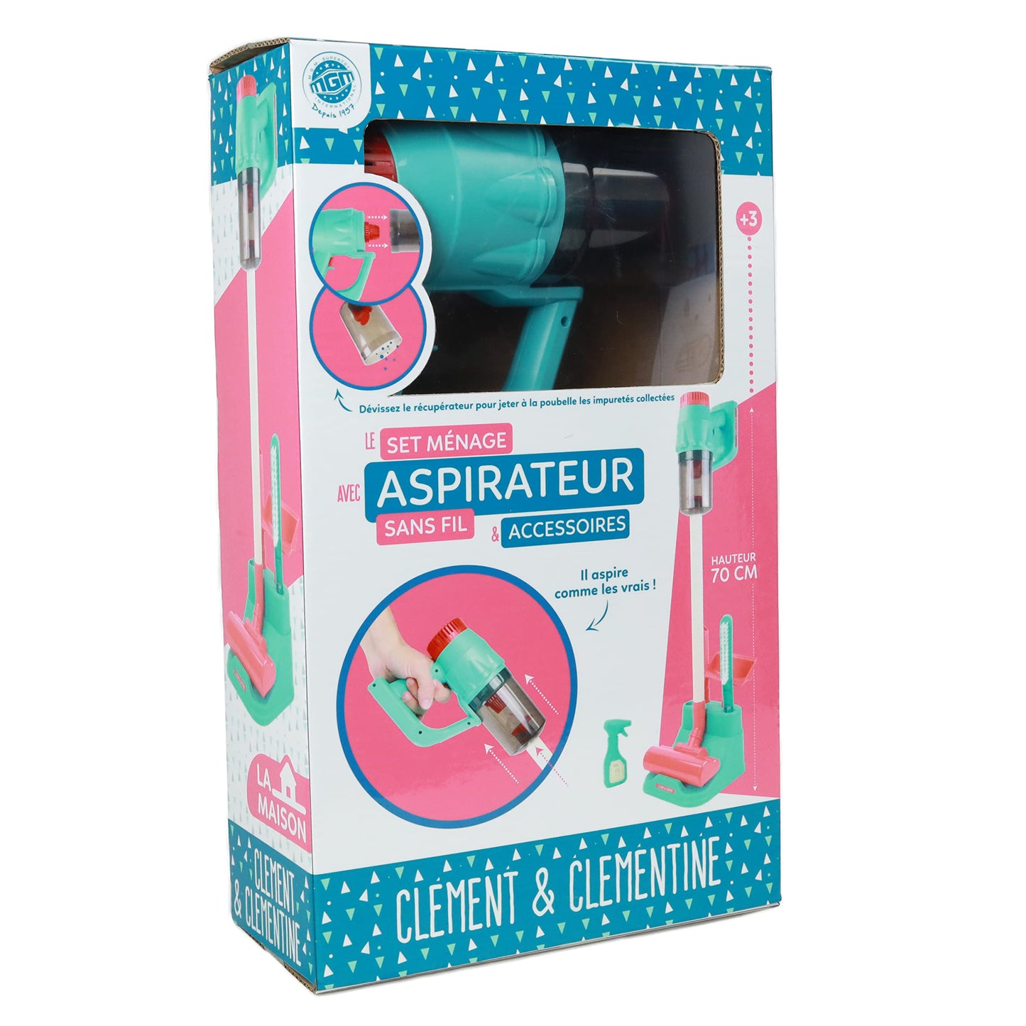 CLEMENT CLEMENTINE - Aspirator fără fir cu accesorii - Joc de imitare - 110401 - Albastru - Plastic - Acasă - Mătură - Jucărie pentru copii - Bateriile nu sunt incluse - 67 cm x 18 cm - Recomandat de la 3 ani