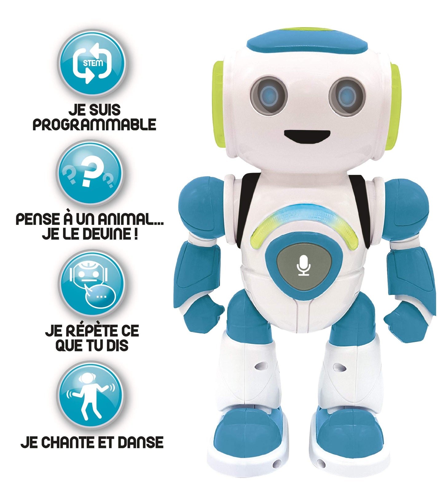 Robot inteligent Lexibook ROB20FR Jr. - citește gânduri, dansează, cântă, quizuri cu animale, karaoke programabil, STEM, albastru/verde (versiune franceză)
