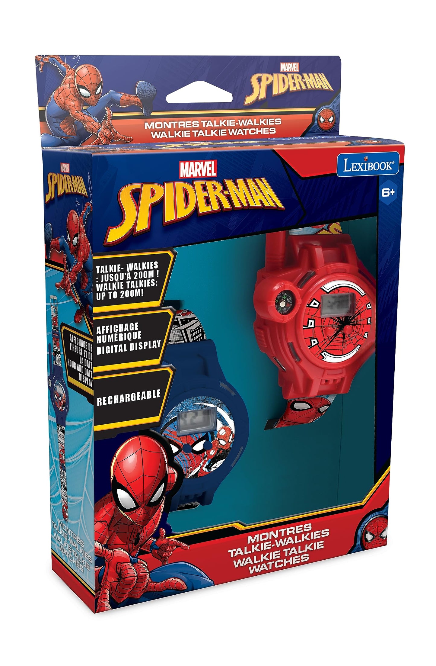 Walkie-Talkies Spider-Man Lexibook, 2 bucăți, rază de acțiune 200m, lanternă, busolă, reîncărcabile, albastru/roșu