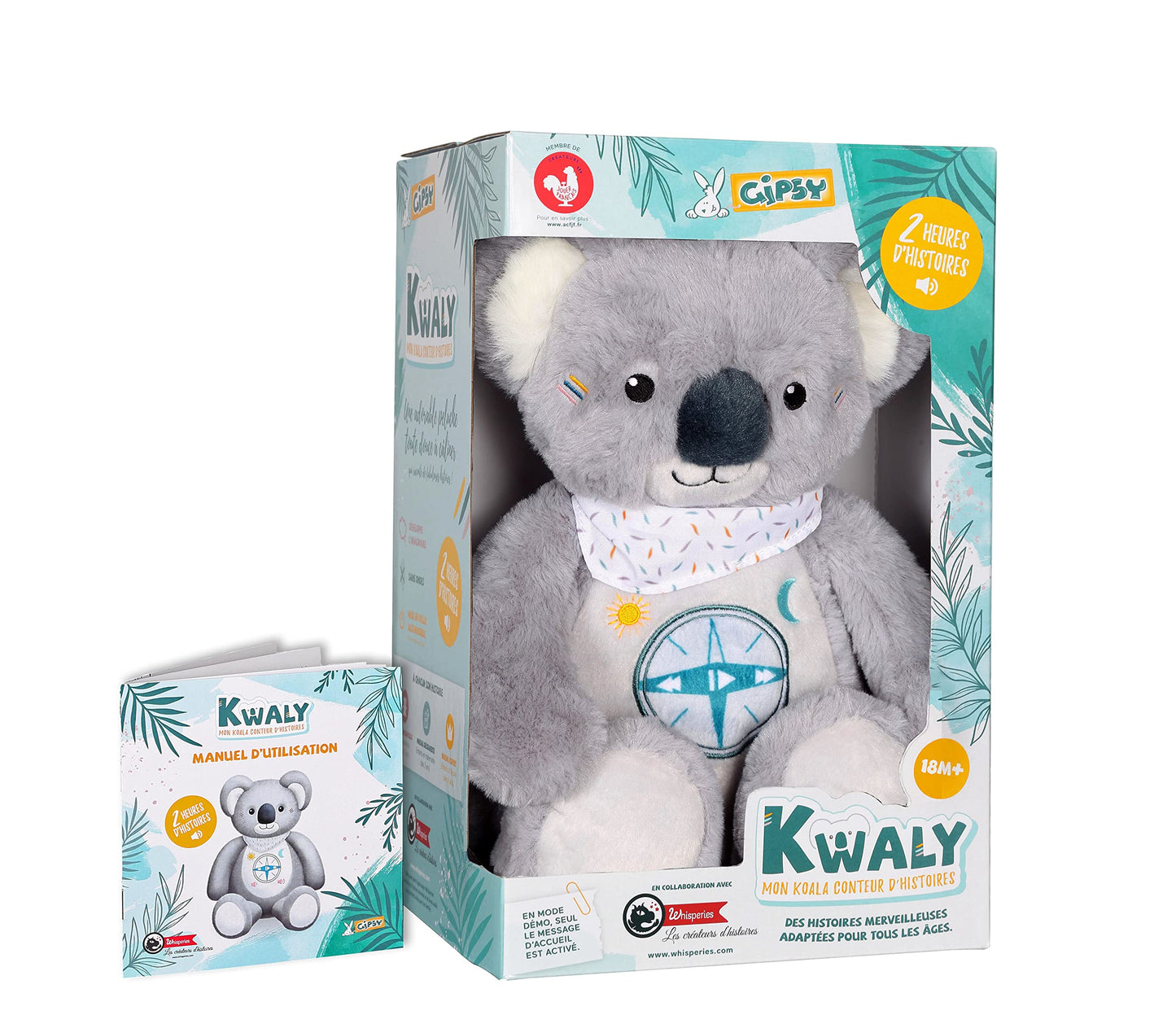 Jucării Gipsy – KWALY – Koala Povestitor Interactiv – Pluș Vorbitor – Versiune Franceză – 2 Ore de Povești Minunate pentru Copii de 2 până la 8 Ani, Gri
