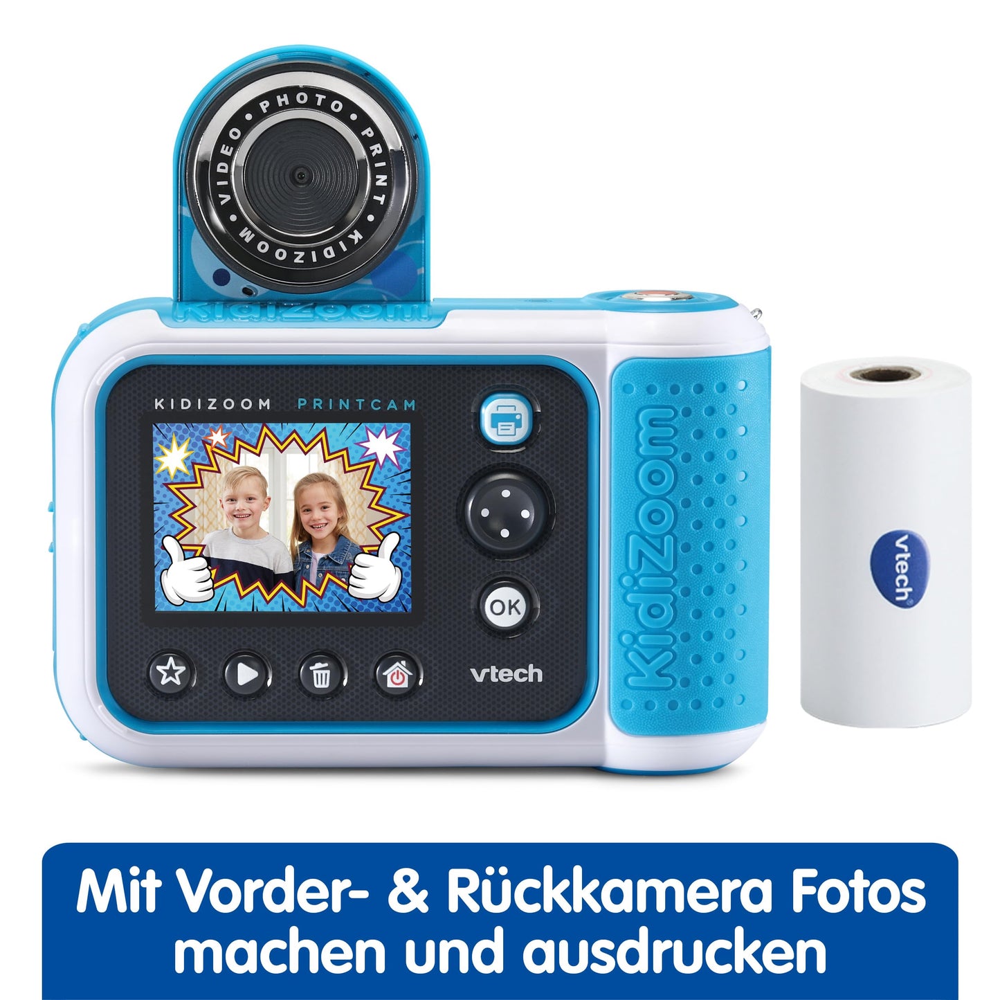 Vtech KidiZoom Print Cam albastră – Cameră foto instant pentru copii cu funcție de imprimare, selfie, video și efecte, pentru copii de 4-12 ani.
