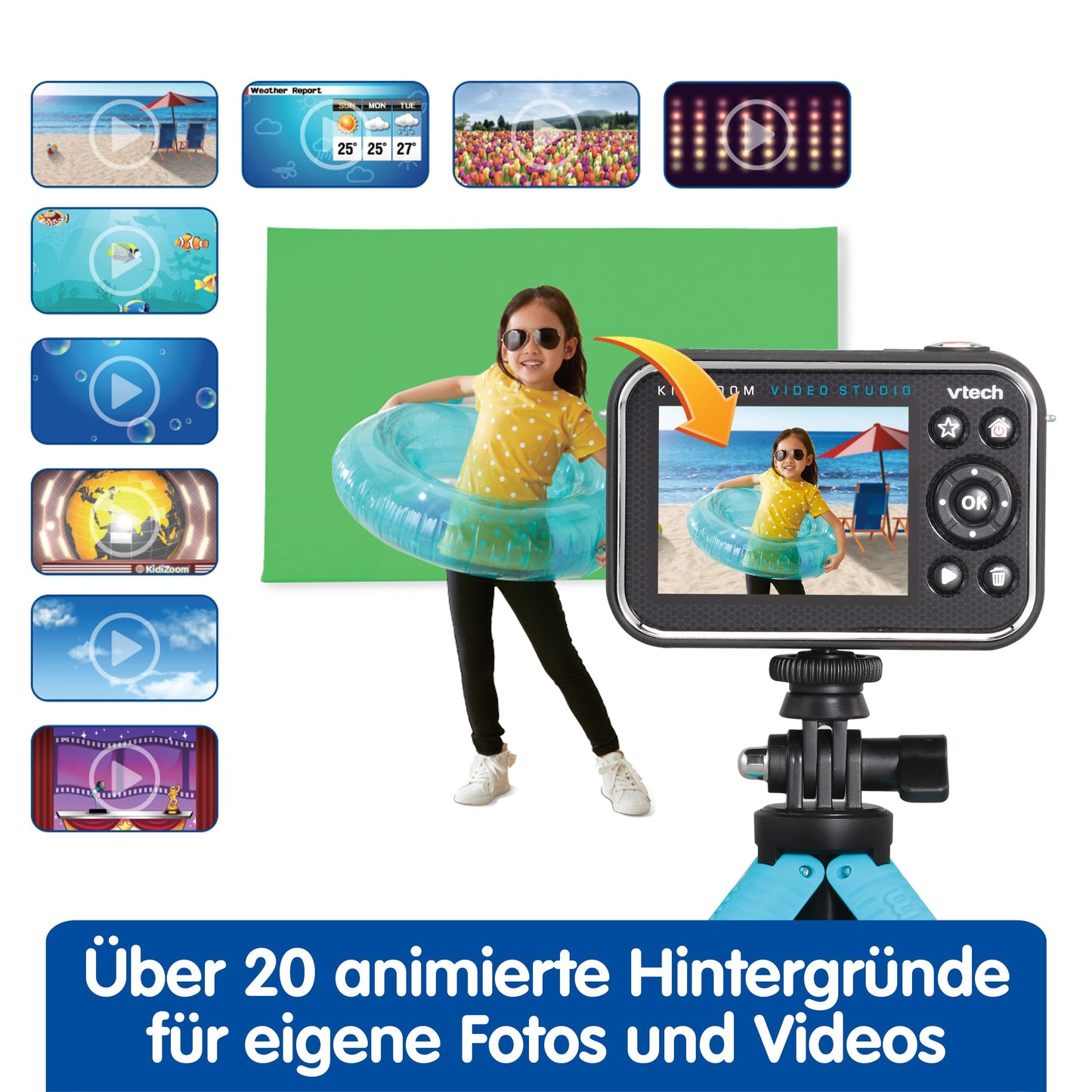 VTech Kidizoom Video Studio HD albastru – Cameră pentru copii cu Greenscreen, stativ, efecte, cameră pentru selfie și multe altele – Pentru copii de 5-12 ani