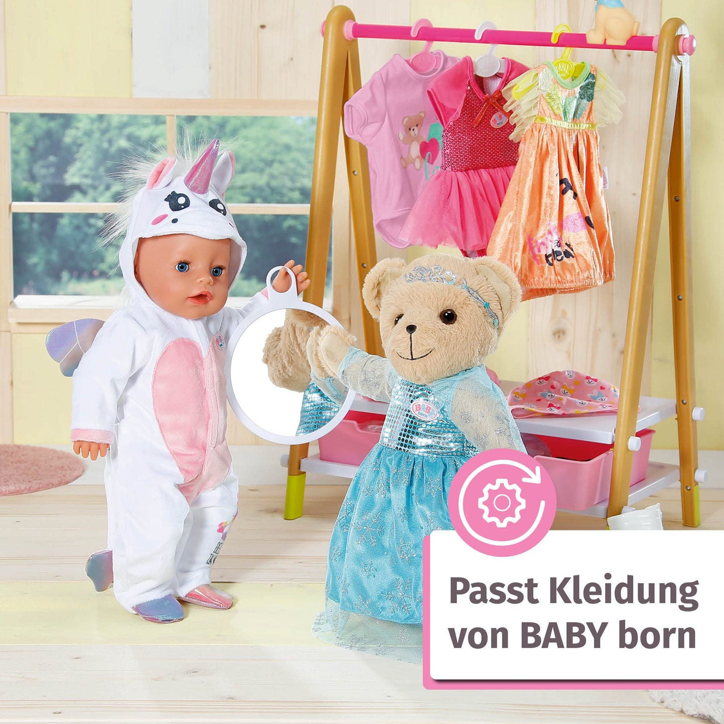 BABY born Ursuleț, Jucărie de pluș cu salopetă roz și brațe și picioare mobile, 835586 Zapf Creation