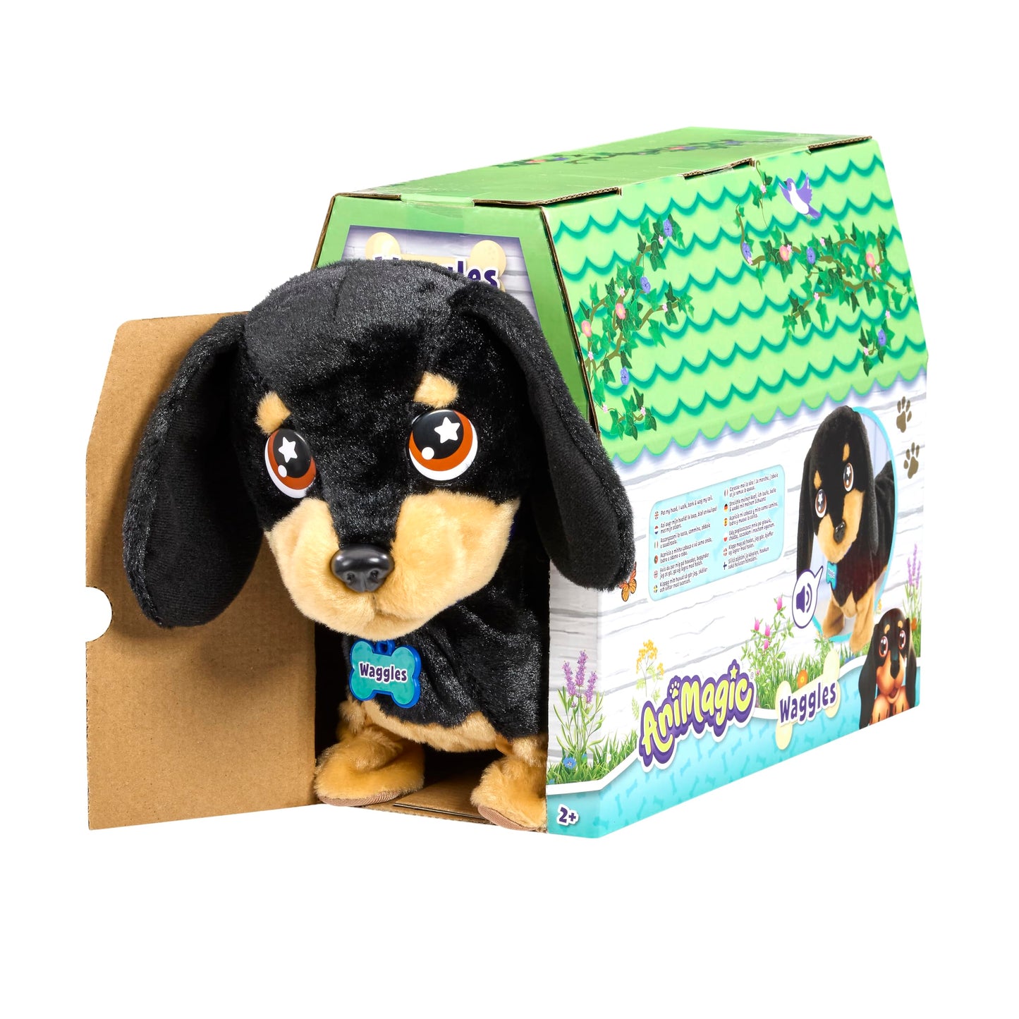 ANIMAGIC Waggles - Peluche Interactiv Câine Dachshund pentru Copii de la 2 Ani - Jucărie Electronică cu Sunet și Mișcare - Ladă și Mână Coada - Adorabil și Distractiv