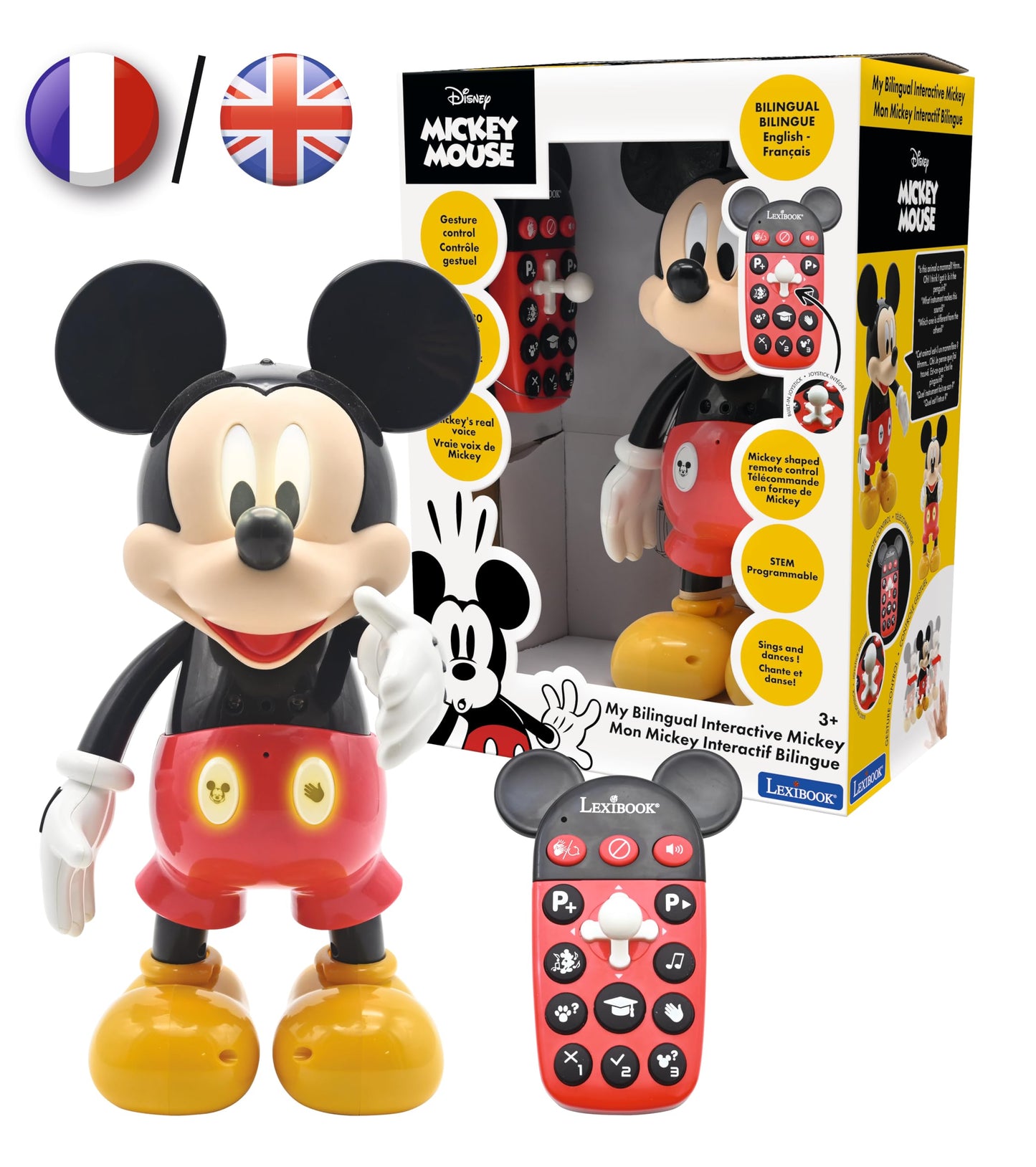 Robot educativ interactiv Mickey Disney LEXIBOOK MCH01i1 - Engleză/Franceză, 100 de întrebări educaționale, efecte de lumină, dansuri, programabil, articulat, negru/roșu, mediu.