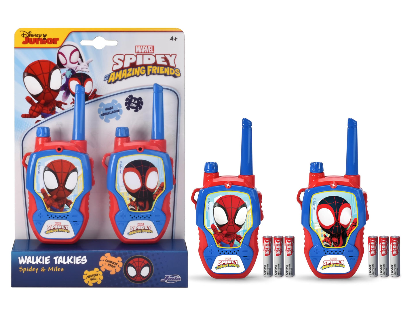 Walkie Talkie Jada Toys Marvel Spidey (2 buc) pentru copii de la 4 ani - Funkgeräte Marvel Spidey și Super-Friends, până la 100 m distanță, cu reducerea zgomotului.