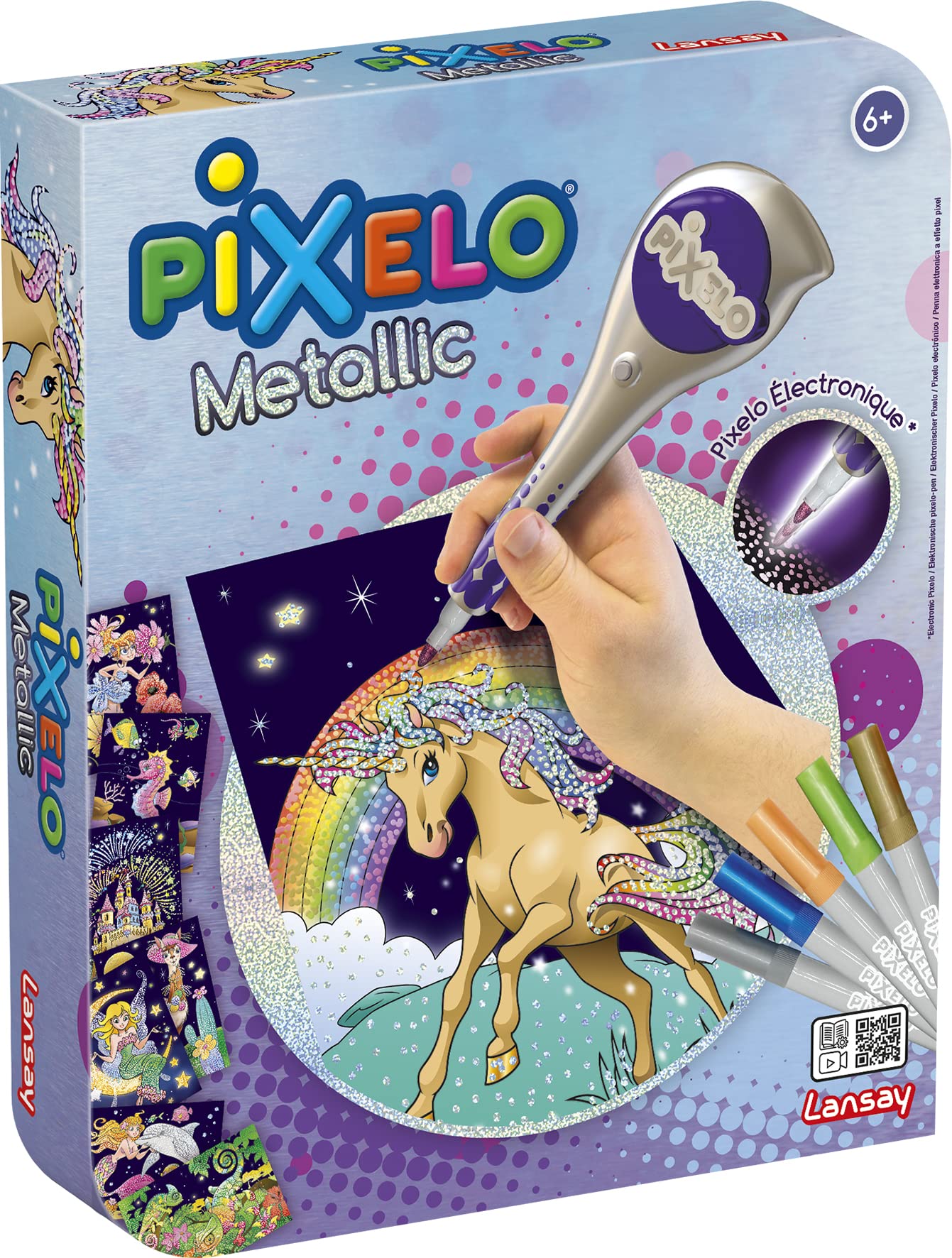 PIXELO - Set metalic - Set de desen cu efecte de puncte și culori metalice - Pictură cu puncte cu stilou electronic pentru copii de la 6 ani - 8 desene - Baterie nu este inclusă - Lansay