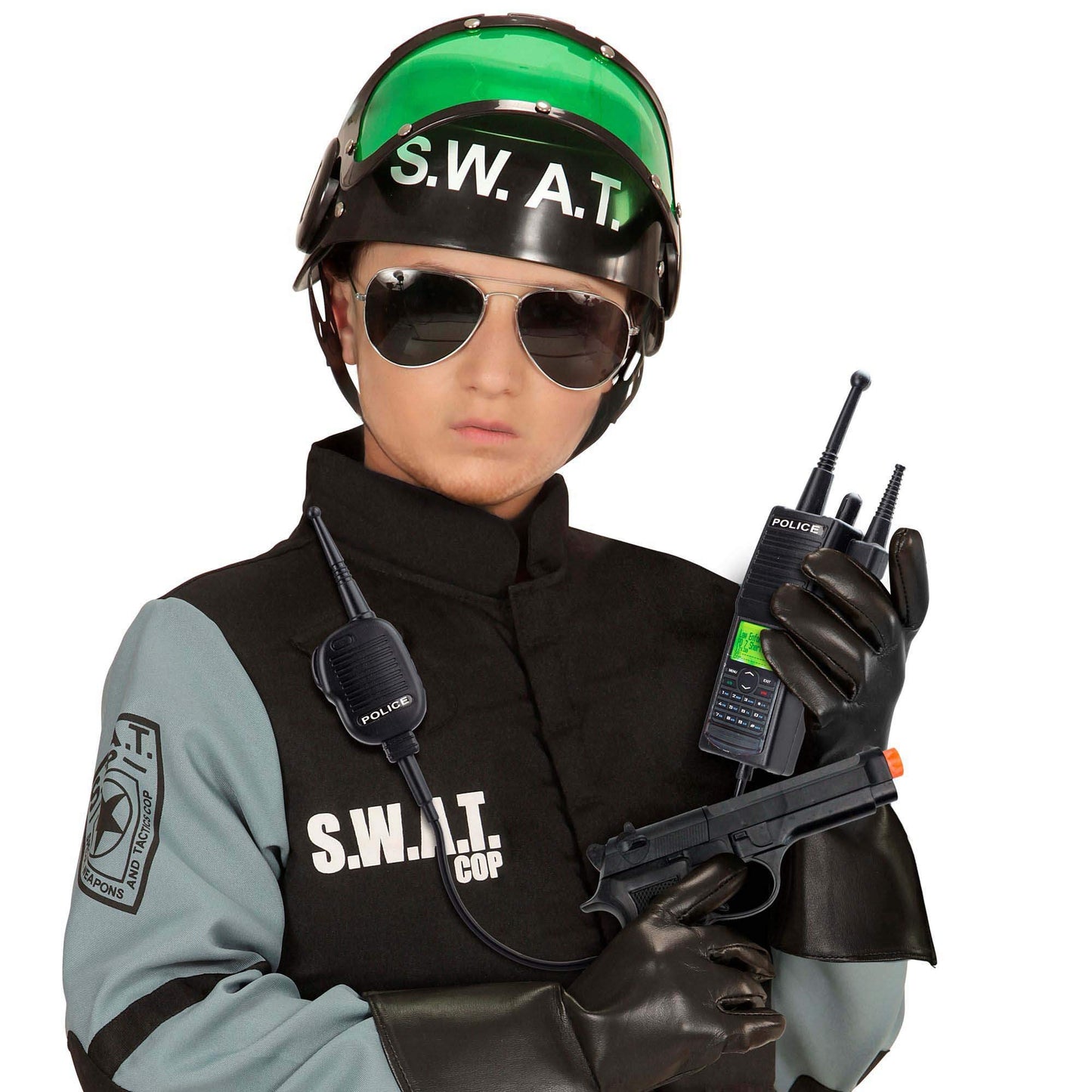 WIDMANN MILANO Party Fashion 28227 - Costum S.W.A.T. pentru copii, cu cască, pistol și stație radio, negru, special pentru carnaval și petreceri tematice