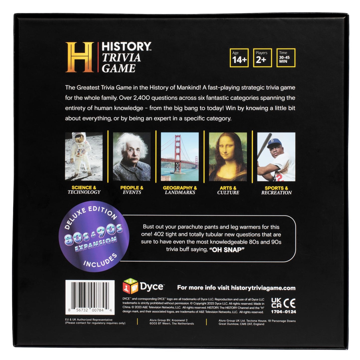 DYCE History Channel Joc de societate Trivia Ediție Deluxe cu Extensie ani 80 și 90 - 2400+ Întrebări de Cultură Generală pentru Adulți, Familie și Adolescenți