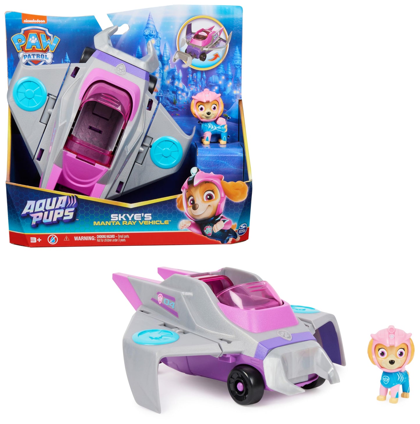 PAW Patrol, Aqua Pups - Mașină de jucărie în formă de rață cu figurina cățelului Skye, potrivită pentru copii de la 3 ani
