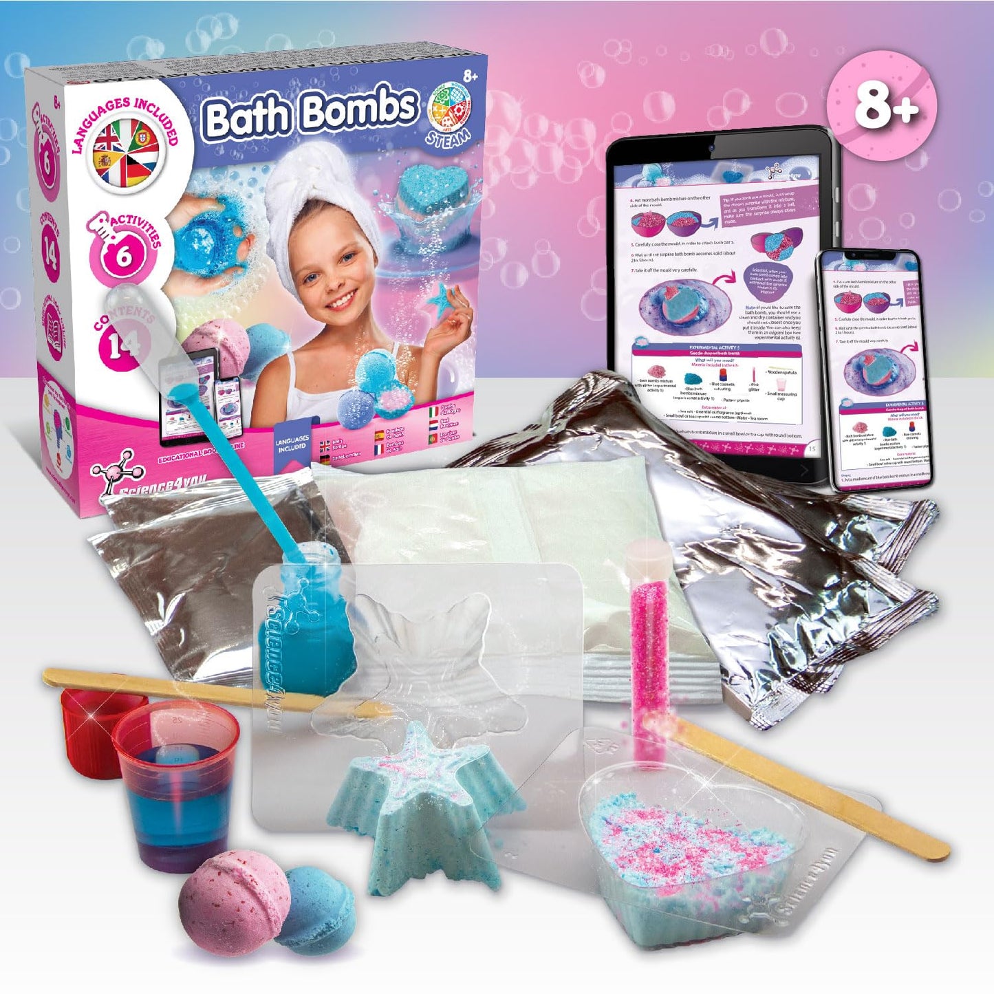 Set creativ Science4you Kit pentru Fabricarea Băilor Spumante - Fabrica de Băi Spumante, 6 Experimente pentru Copii 8+ Ani: Băi Spumante Relaxante, Jucării Științifice, Joc și Cadou pentru Fete și Băieți 8+ Ani