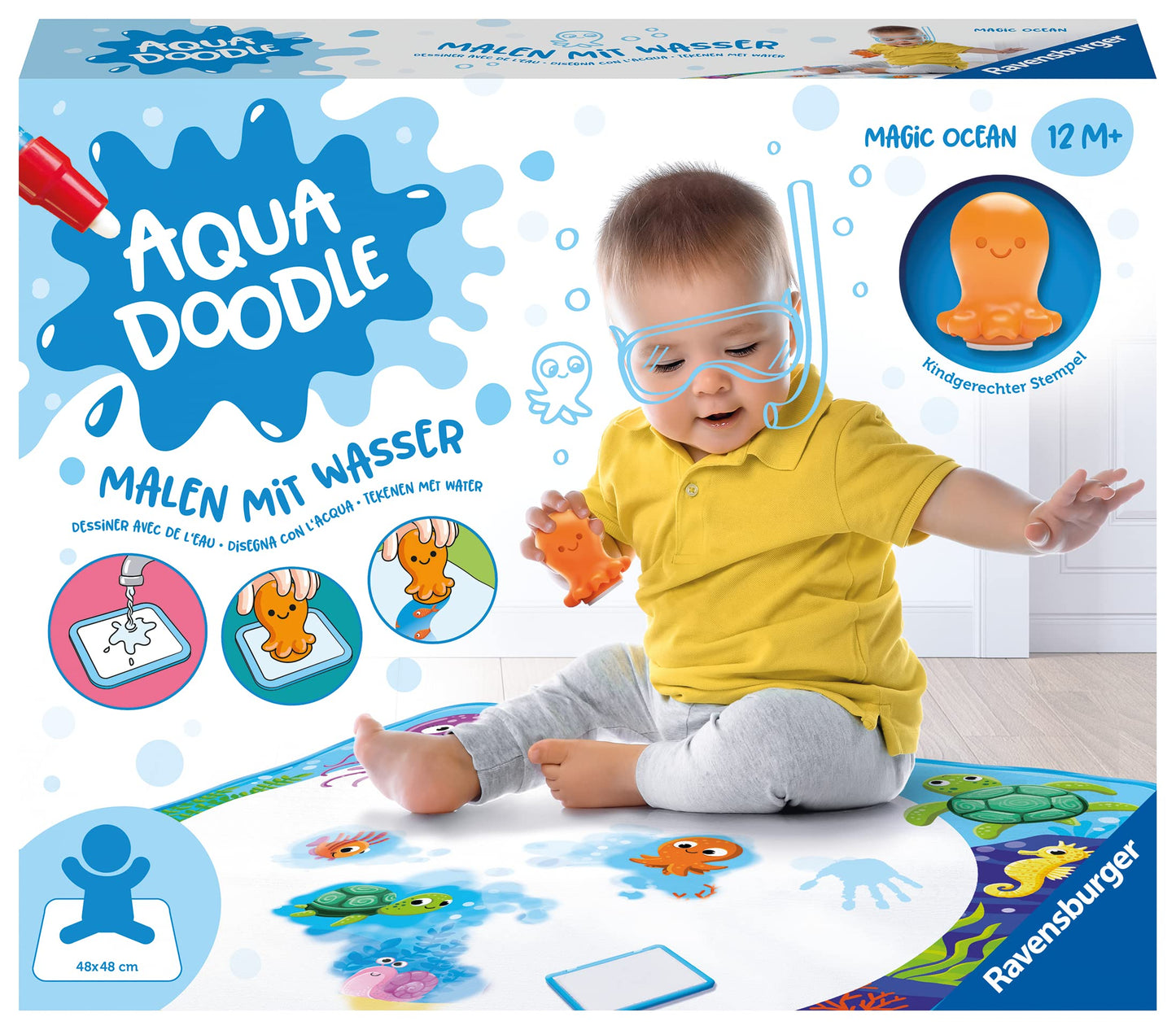 Ravensburger 4568 Aquadoodle Magic Ocean - Stamping și explorare fără pete cu apă - Set de ștampile cu covor magic pentru bebeluși de la 12 luni, jucărie pentru copii de la 1 an