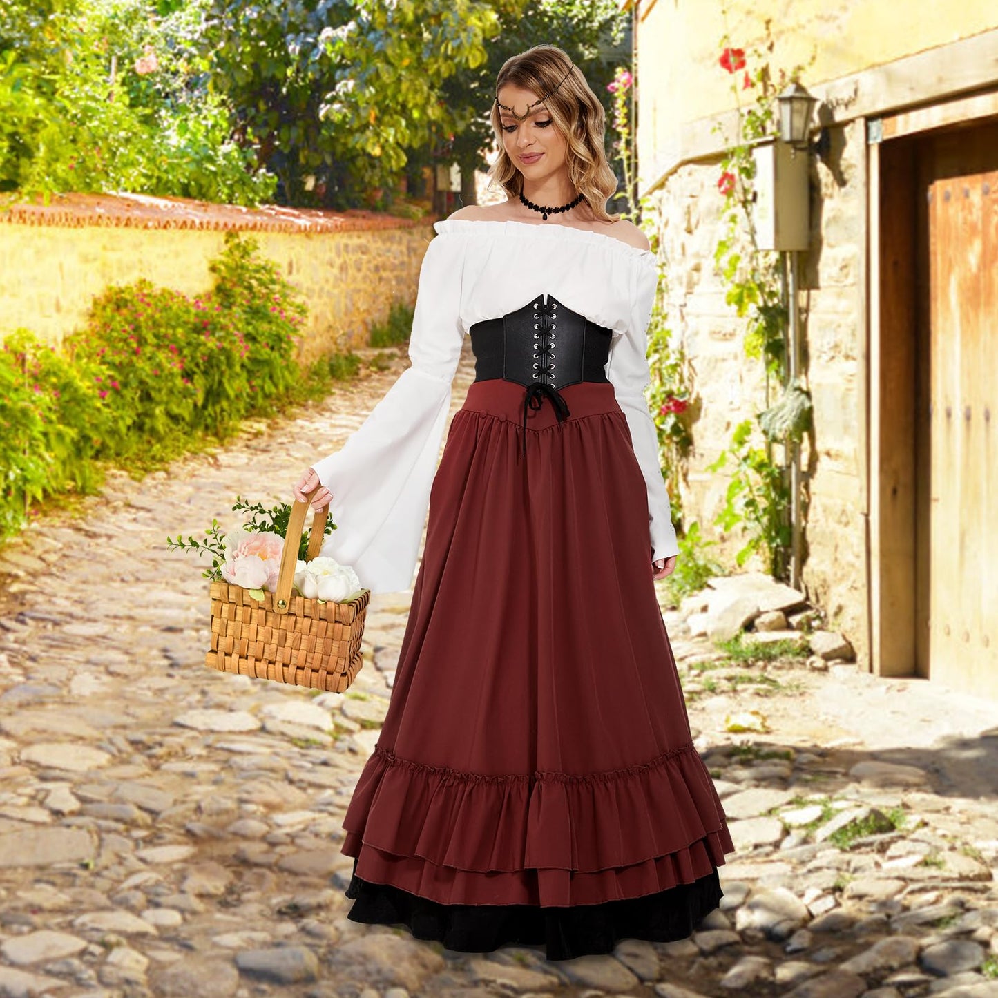 Costum medieval pentru femei FORMIZON, rochie victoriană din renaștere, accesorii medievale cu mâneci evazate și talie înaltă, rochie gotică retro Halloween (roșu și negru, M)