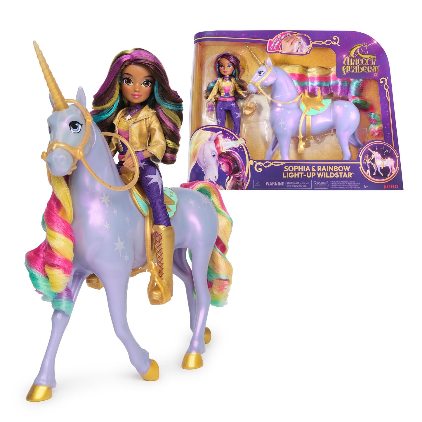 Academia Unicornilor - Sophia și Magia Luminii Wildstar - Unicorn de 28 cm cu efecte de lumină și sunet și păpușă de 24 cm complet mobilă, inspirată de seria Netflix, pentru copii de la 4 ani.