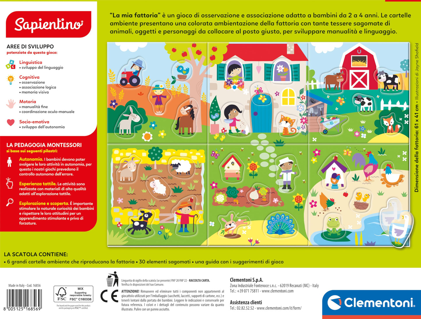 Clementoni Sapientino Montessori - Ferma Mea, Joc educativ cu animale puzzle pentru copii 2-4 ani, Dezvoltarea limbajului și abilităților tactile, Fabricat în Italia, cod 16856
