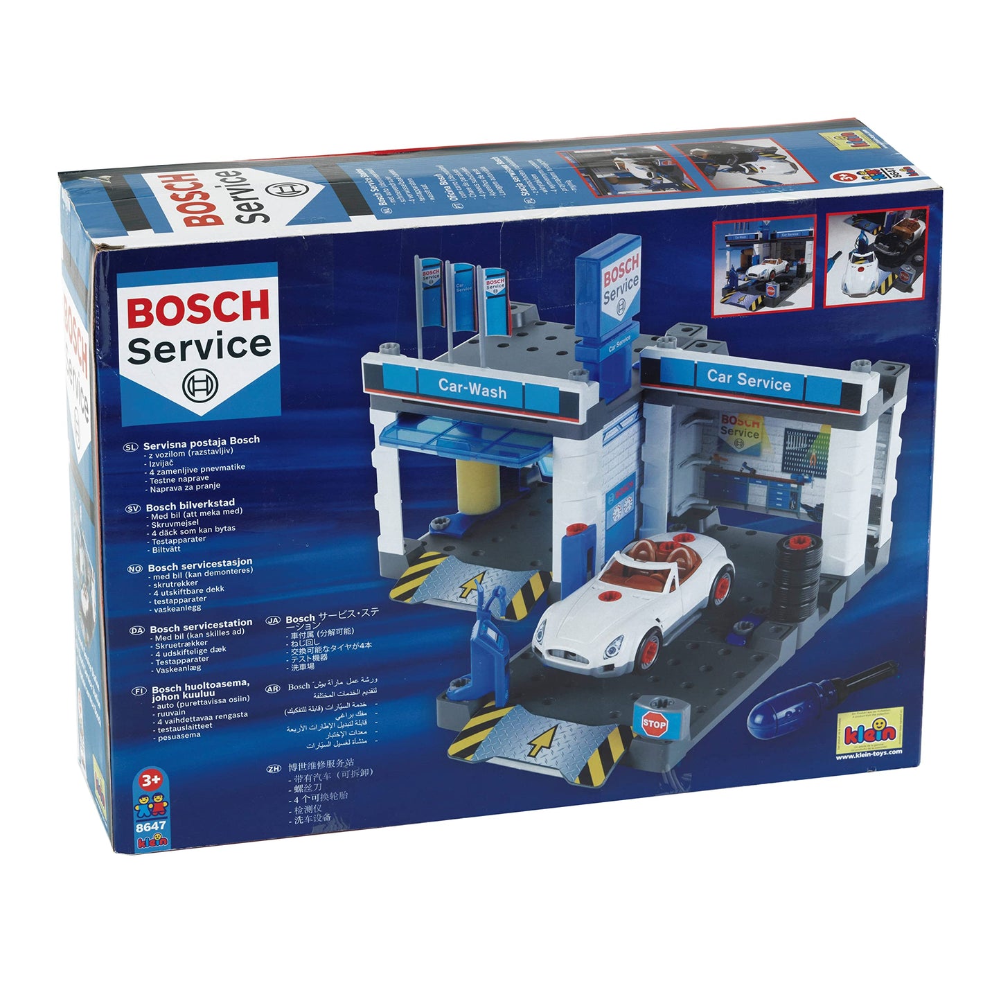 Stație de Service Bosch Theo Klein 8647 | Cu spălătorie și platformă ridicătoare ajustabilă | Include mașină demontabilă | Dimensiuni: 41 cm x 39 cm x 29 cm | Jucărie pentru copii de la 3 ani