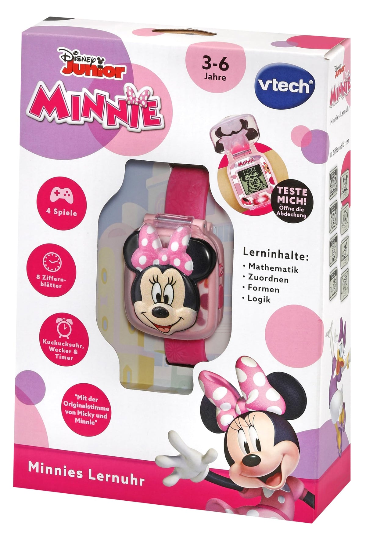 VTech Minnies Lernuhr Ceas de mână educativ cu cronometru, timer și alarmă pentru copii 3-6 ani (limba germană)
