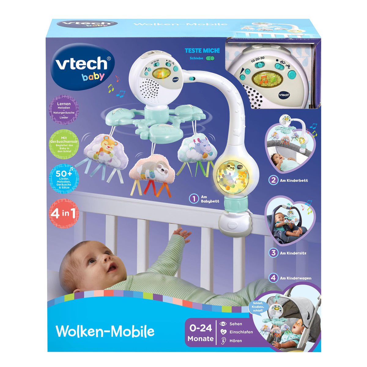 VTech 80-513164 Mobile pentru bebeluși cu lumină de veghe și 3 nori de pluș 0+ luni (limba germană)