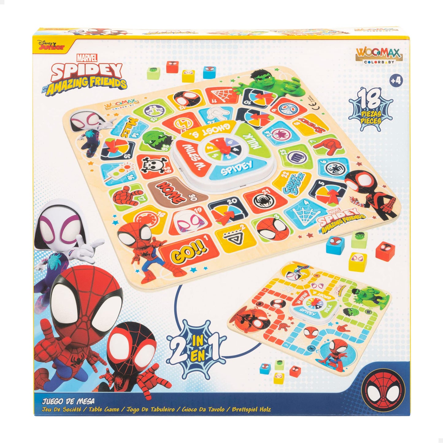 WOOMAX 48753 - Spidey și super echipa sa. Jocuri de masă 2 în 1 pentru copii, Jocul rațelor și parchis pentru copii, jocuri pentru copii, jucării pentru copii, Cadouri pentru copii.
