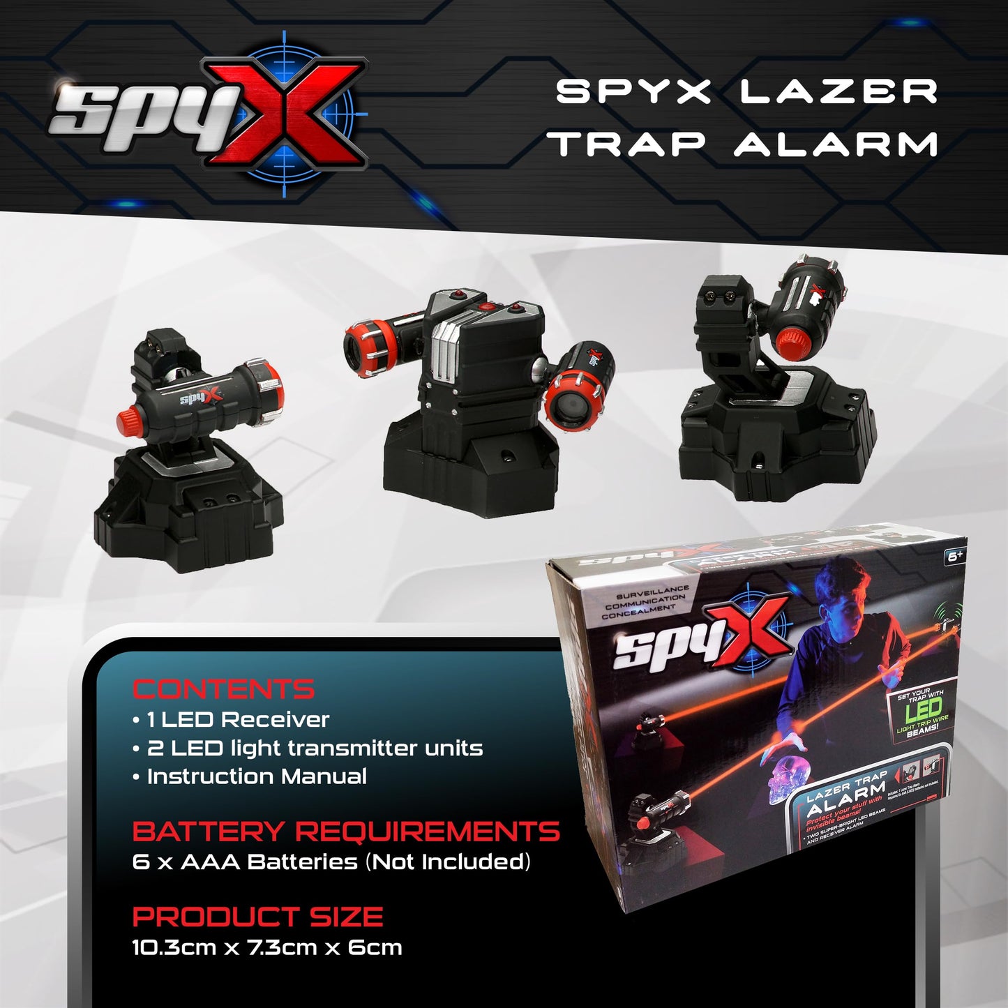 SpyX Alarm cu laser pentru copii – Protejează-te cu raze invizibile cu LED pentru misiuni de spionaj distractive – inclusiv 2 raze super luminoase și alarmă de recepție, de la 6 ani.