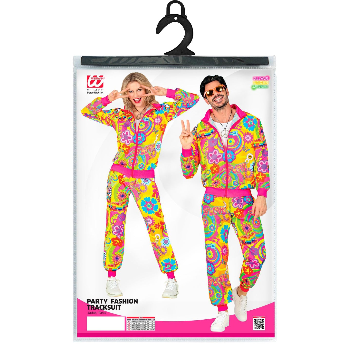 W WIDMANN MILANO Fashion de Petrecere - Costum Trainingsanzug, Hippie Peace & Love, Neon, Flower Power, Outfit din Anii '80, Jogginganzug, Costum de Carnaval