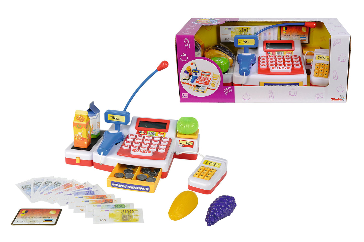 Simba 104525700 - Casă de marcat cu scanner, calculator, bandă de rulare, cititor de carduri, alimente, 16 monede, 13 bancnote, 36 luni - 8 ani