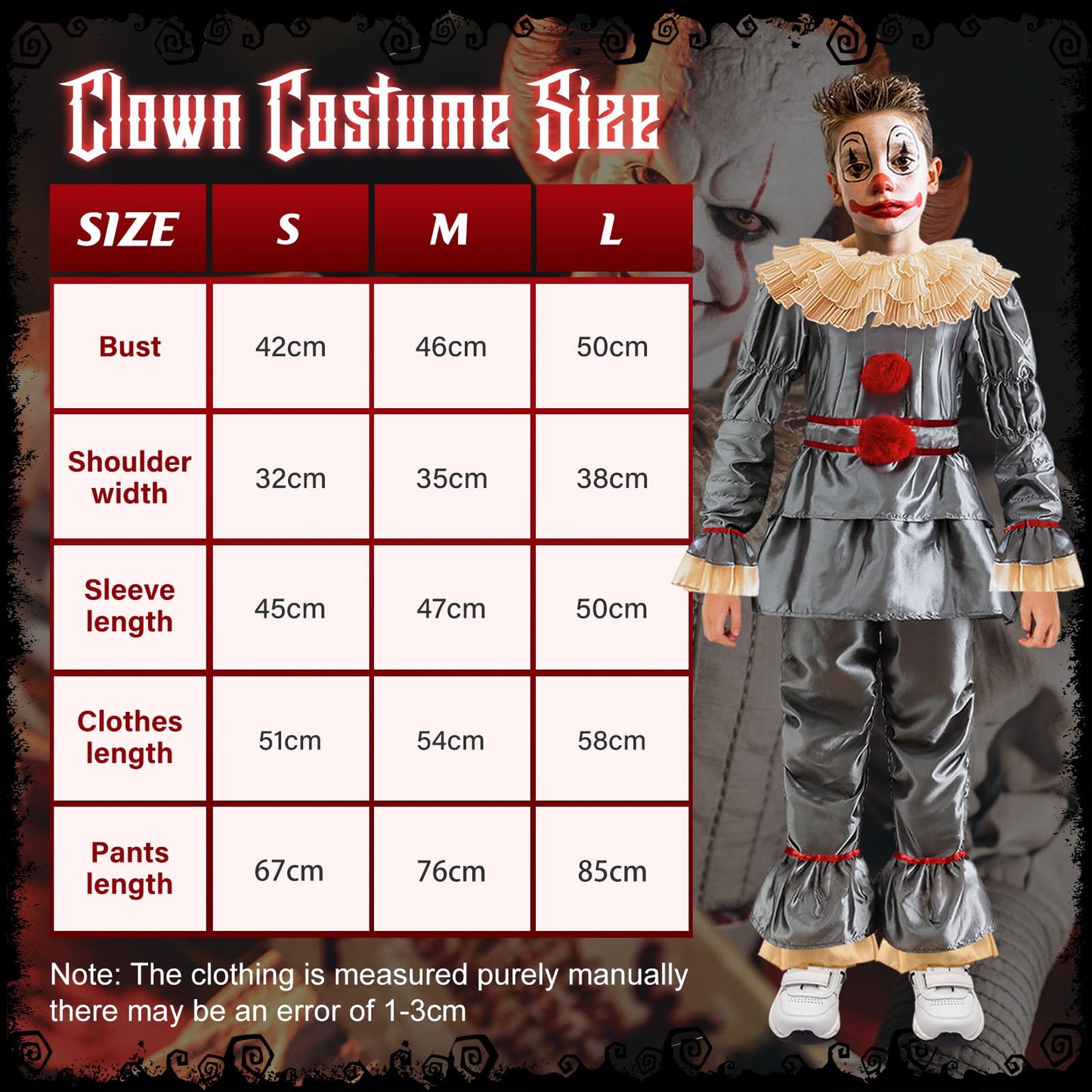 Costum de Halloween Clovn Pennywise pentru copii: Set costum clovn horror, outfit cosplay Pennywise din filmul de groază, îmbrăcăminte pentru petreceri de Halloween și carnaval.