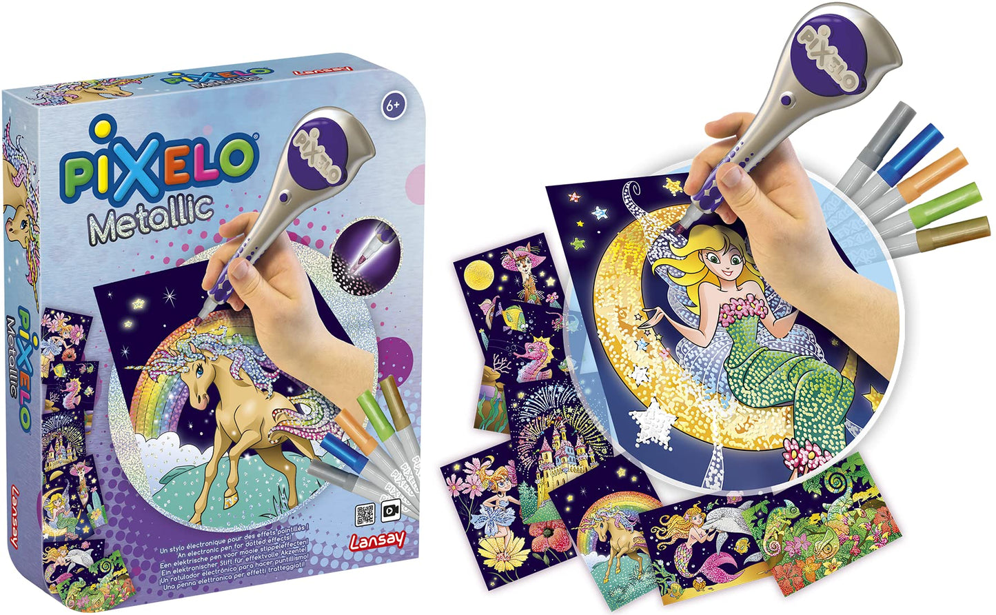 PIXELO - Set metalic - Set de desen cu efecte de puncte și culori metalice - Pictură cu puncte cu stilou electronic pentru copii de la 6 ani - 8 desene - Baterie nu este inclusă - Lansay