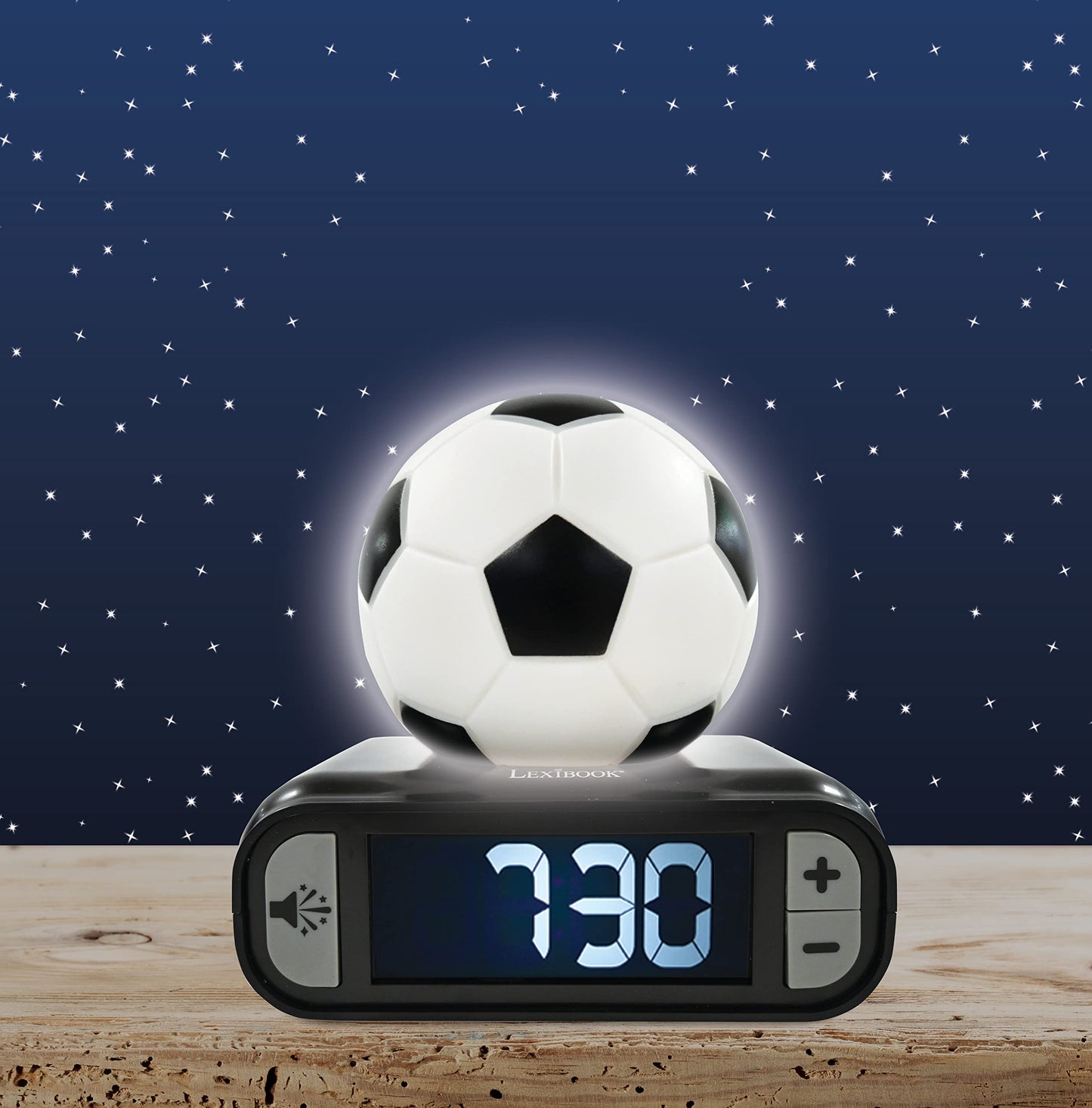 Ceas deșteptător Lexibook cu tematică fotbal, sunete și melodii, ecran LCD cu iluminare de fundal, afișaj luminos, funcție de snooze, negru/alb, model RL800FO