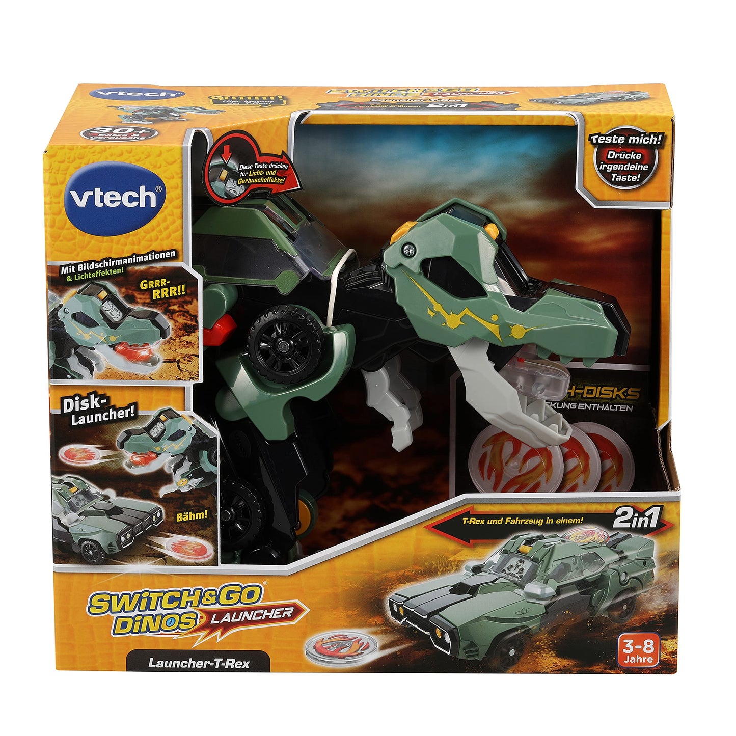 VTech Switch and Go Dinos Launcher T-Rex – Dino-Auto Transformer 2-in-1 cu efecte sonore și luminoase – Cu dispozitiv de lansare – Pentru copii 3-8 ani, verde