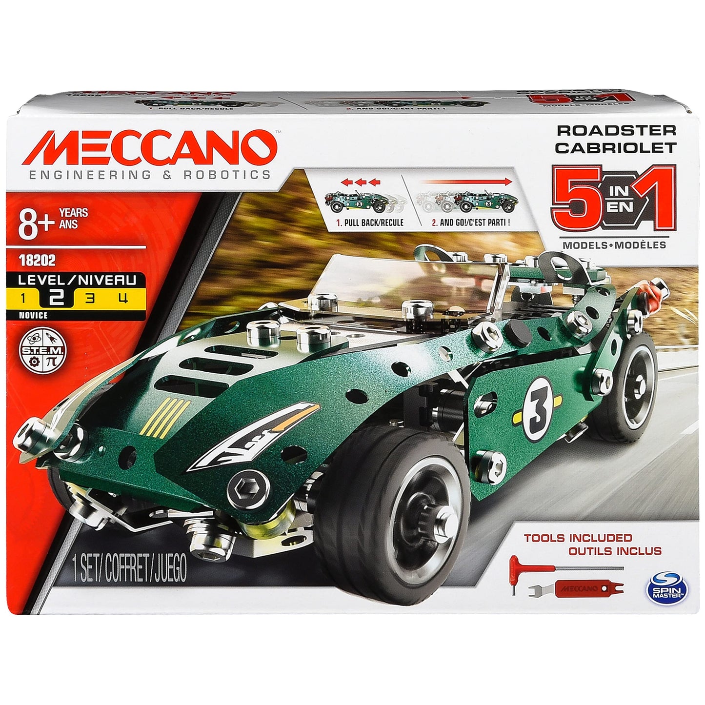 MECCANO Erector 5 în 1 Kit de Construcție Roadster cu Împingere, pentru vârste de 8 ani și peste, Jucărie Educațională STEM