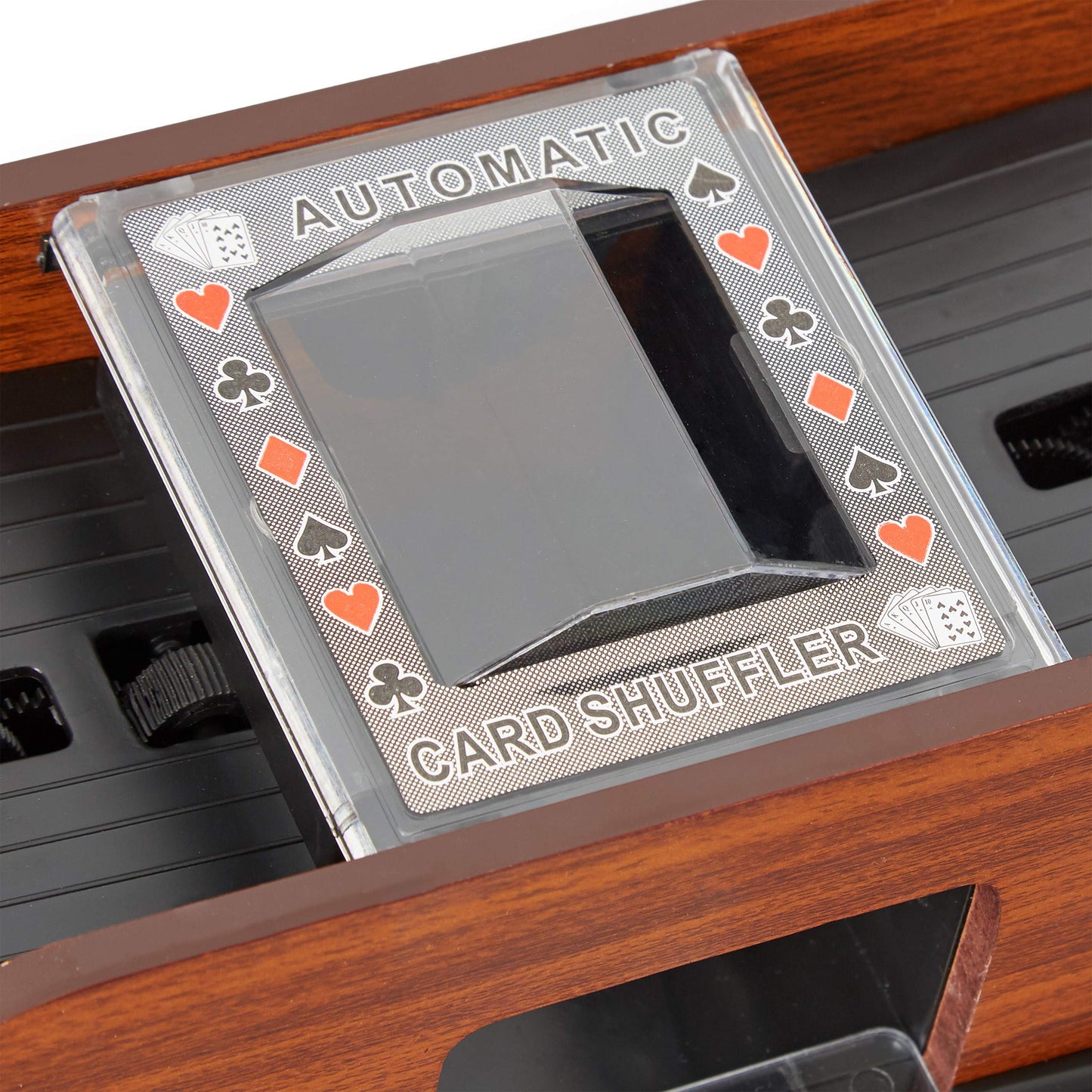 Mixer automat de cărți Relaxdays, 2 seturi de cărți de poker Rommy cu baterii, aspect din lemn, natural, pentru cărți de 8,8 x 6,3 cm.