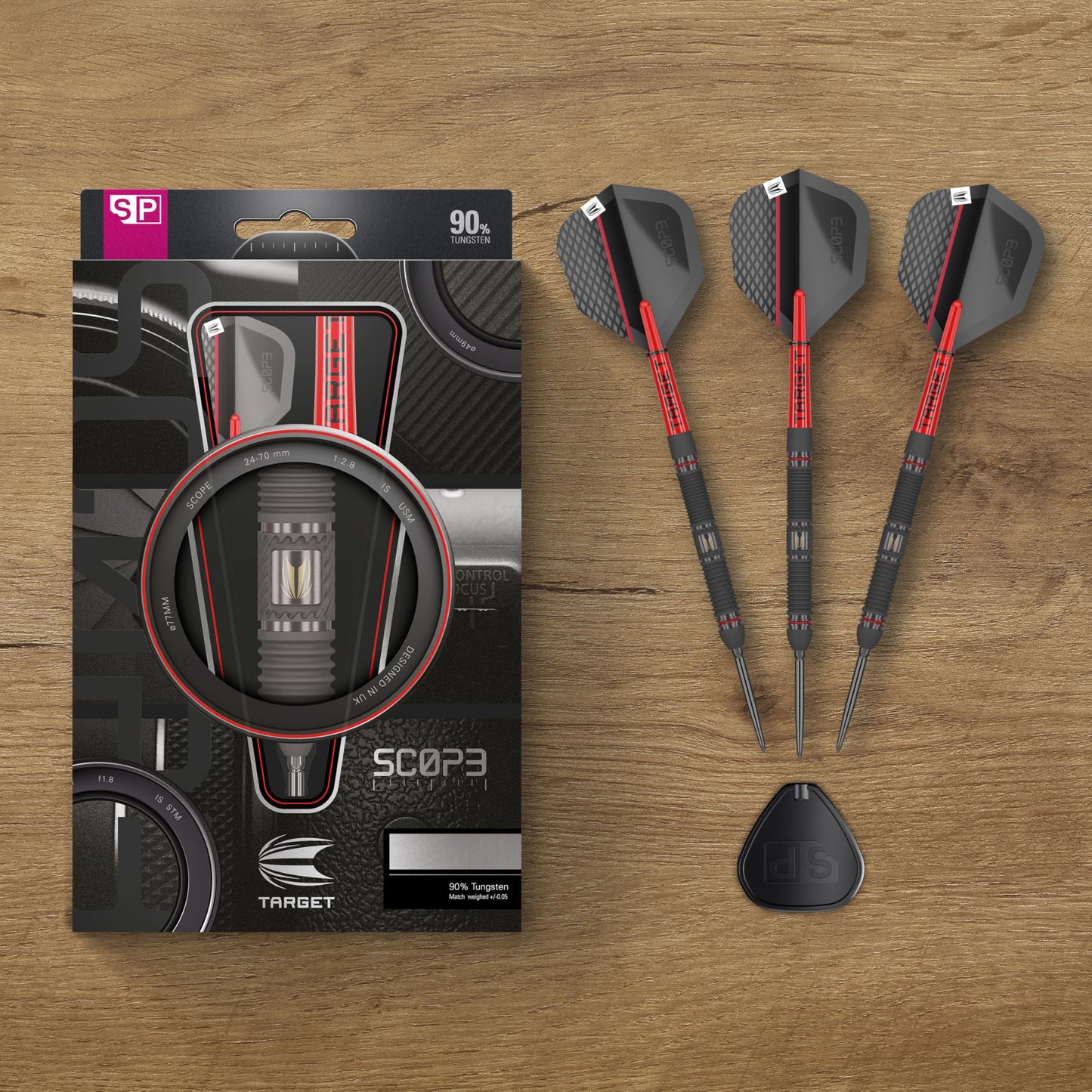 Set de Steeldarts Target Darts Scope Swiss Point, 90% Tungsten, 22G | Darts Profesionale Roșii și Negre, cu Swiss Points și Unelte
