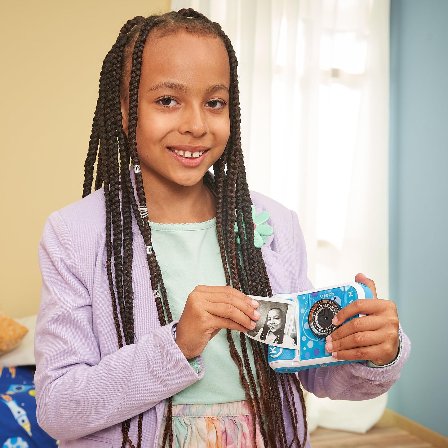 Vtech KidiZoom Print Cam albastră – Cameră foto instant pentru copii cu funcție de imprimare, selfie, video și efecte, pentru copii de 4-12 ani.
