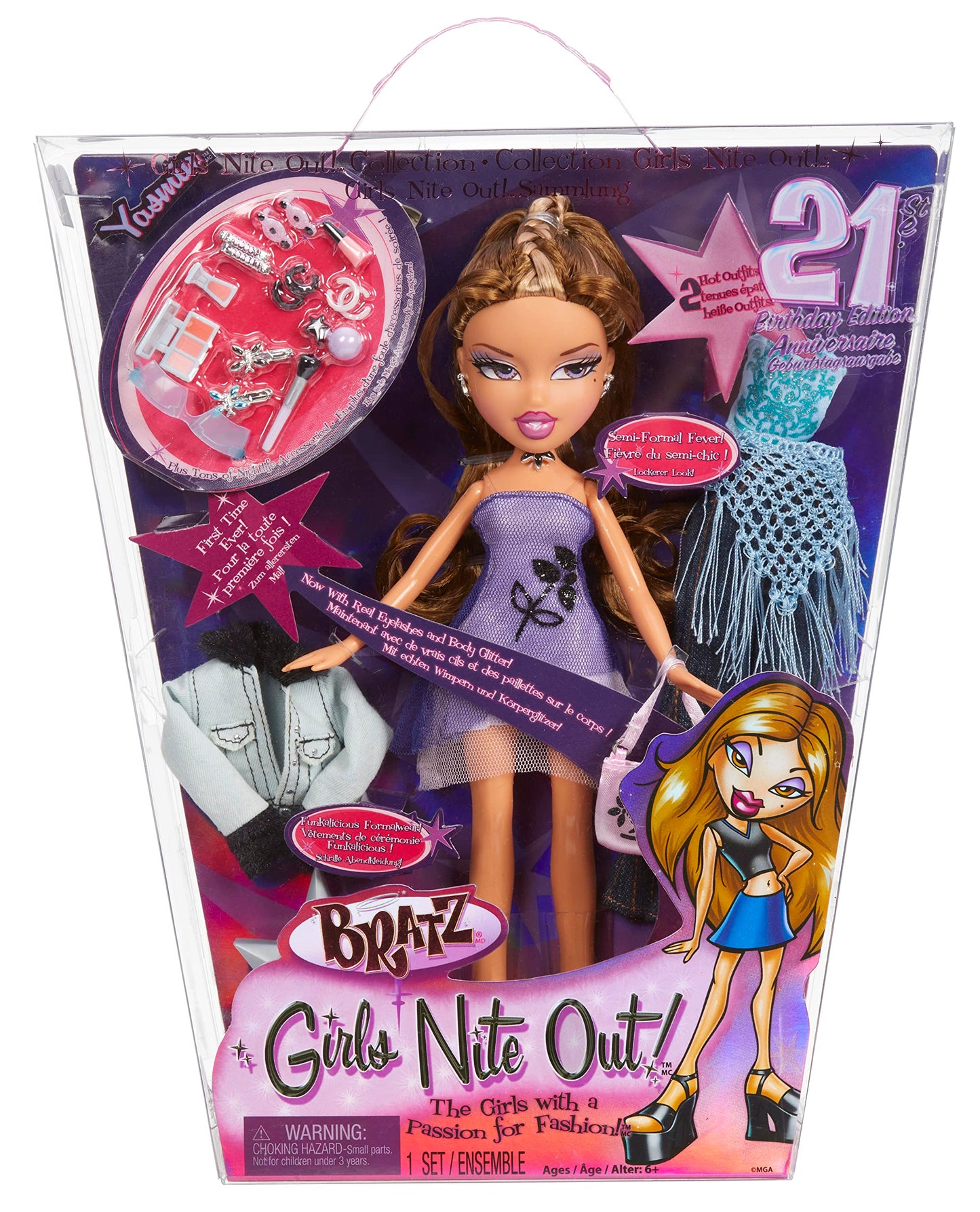 Bratz Păpușa de Modă Ediție Specială 21º Aniversary Girl Night Out - Yasmin - Include 2 Rochii, 2 Perechi de Pantofi, Geantă și Accesorii - Reediție pentru Colecționat - Vârsta: 4+ Ani