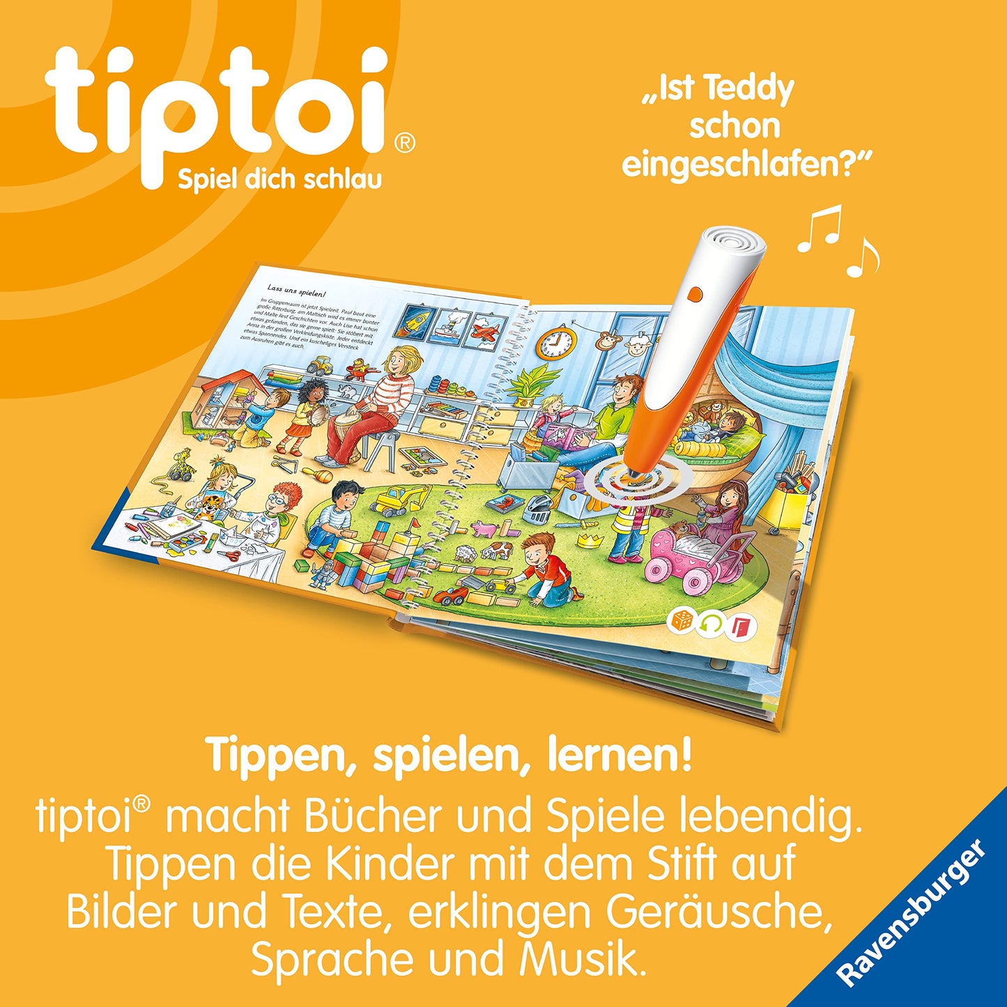 Ravensburger tiptoi Stilou și carte cu imagini pentru grădiniță - Jucărie educativă pentru copii de la 3 ani - Stilou cu audio de calitate superioară, acumulator și husă cu prindere moale - Verde, Portocaliu, Argintiu - 00113