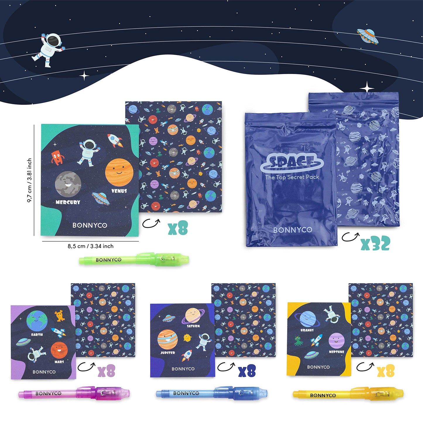 Set 32 Piese Bonnyco: Stilou UV și Caiet Spațiu pentru Petreceri Copii | Cadouri Petrecere Spațiu, Advent Calendar și Cadouri Mici pentru Copii, Decorațiuni de Naștere Astronaut